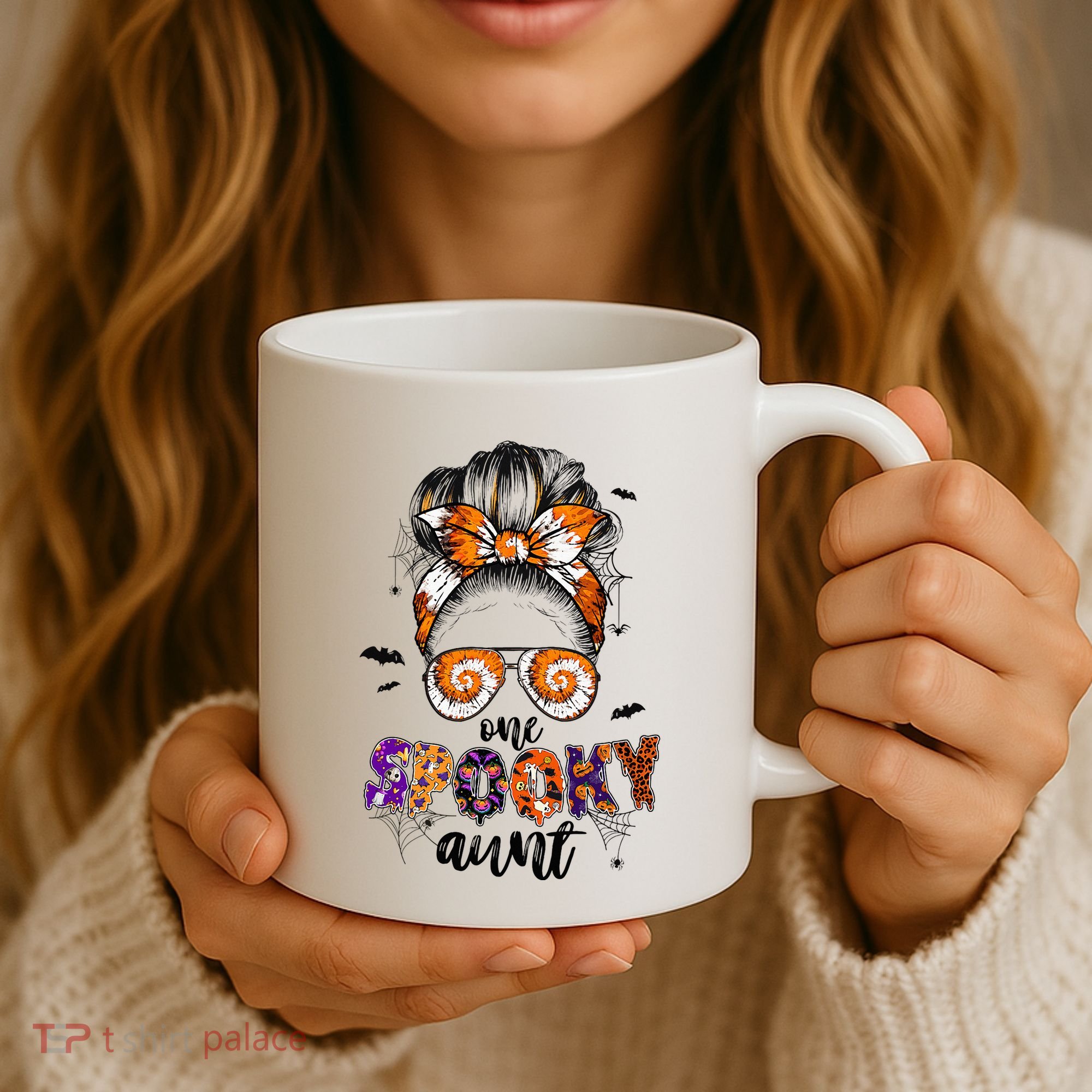 Tie Dye One Spooky Aunt Halloween Monster Messy Bun Aunt  Coffee Mug
