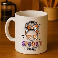 Tie Dye One Spooky Aunt Halloween Monster Messy Bun Aunt  Coffee Mug thumb 4