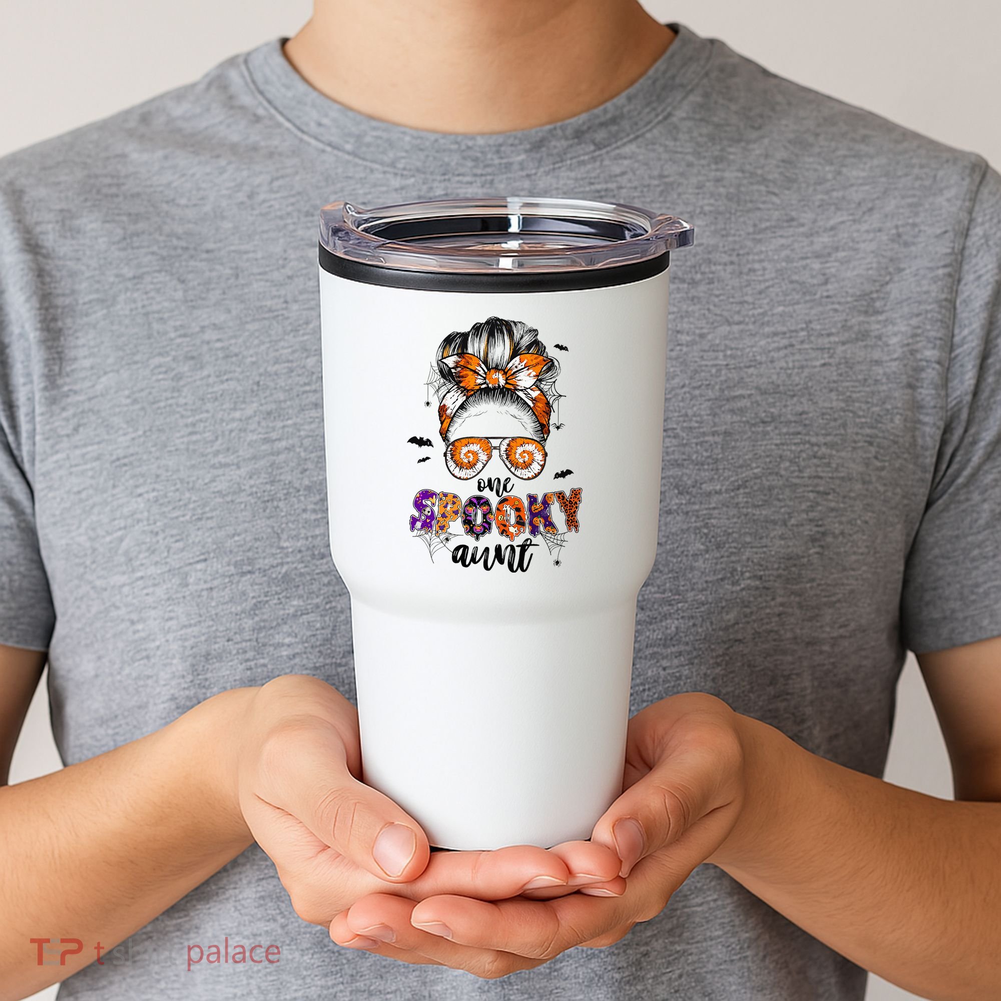 Tie Dye One Spooky Aunt Halloween Monster Messy Bun Aunt  Tumbler