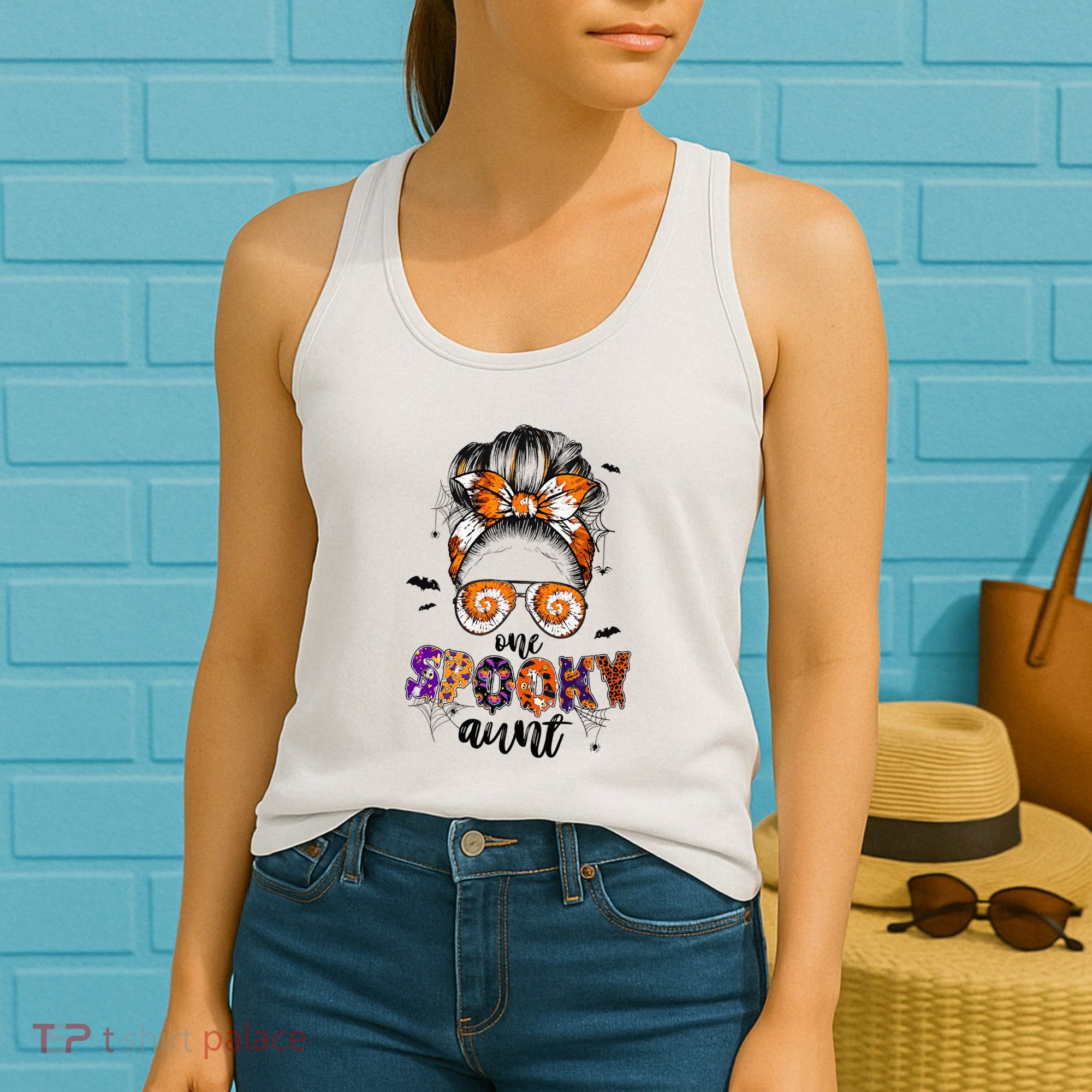 Tie Dye One Spooky Aunt Halloween Monster Messy Bun Aunt  Women's Tank Top