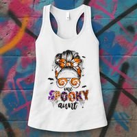 Tie Dye One Spooky Aunt Halloween Monster Messy Bun Aunt  Women's Tank Top thumb 3