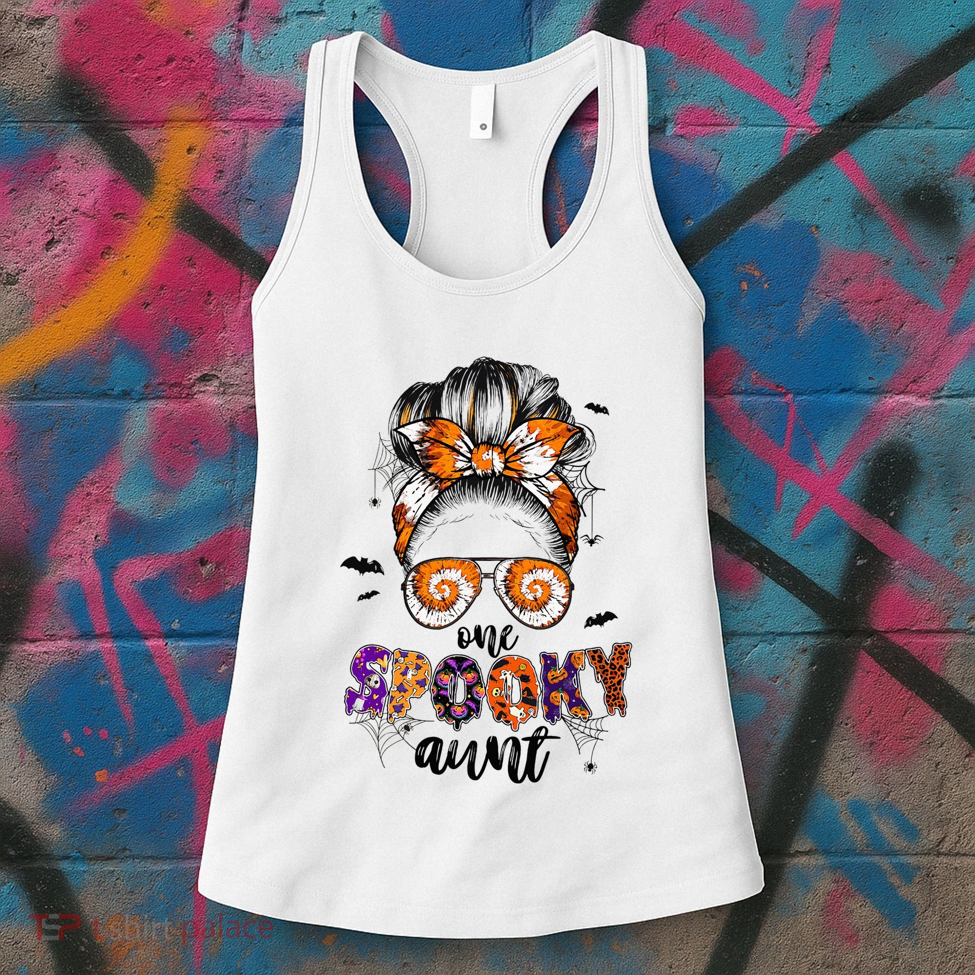 Tie Dye One Spooky Aunt Halloween Monster Messy Bun Aunt  Women's Tank Top