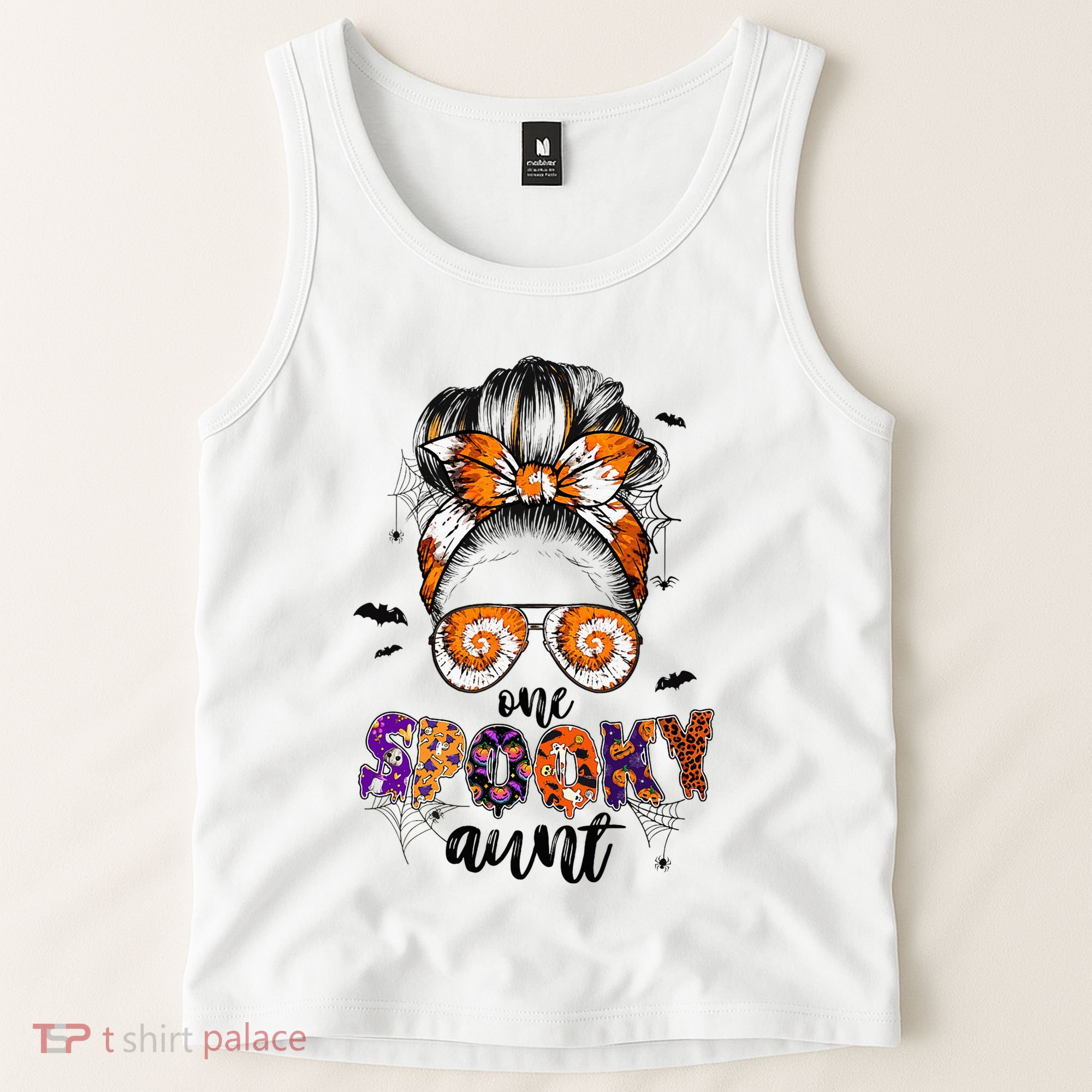 Tie Dye One Spooky Aunt Halloween Monster Messy Bun Aunt  Tank Top
