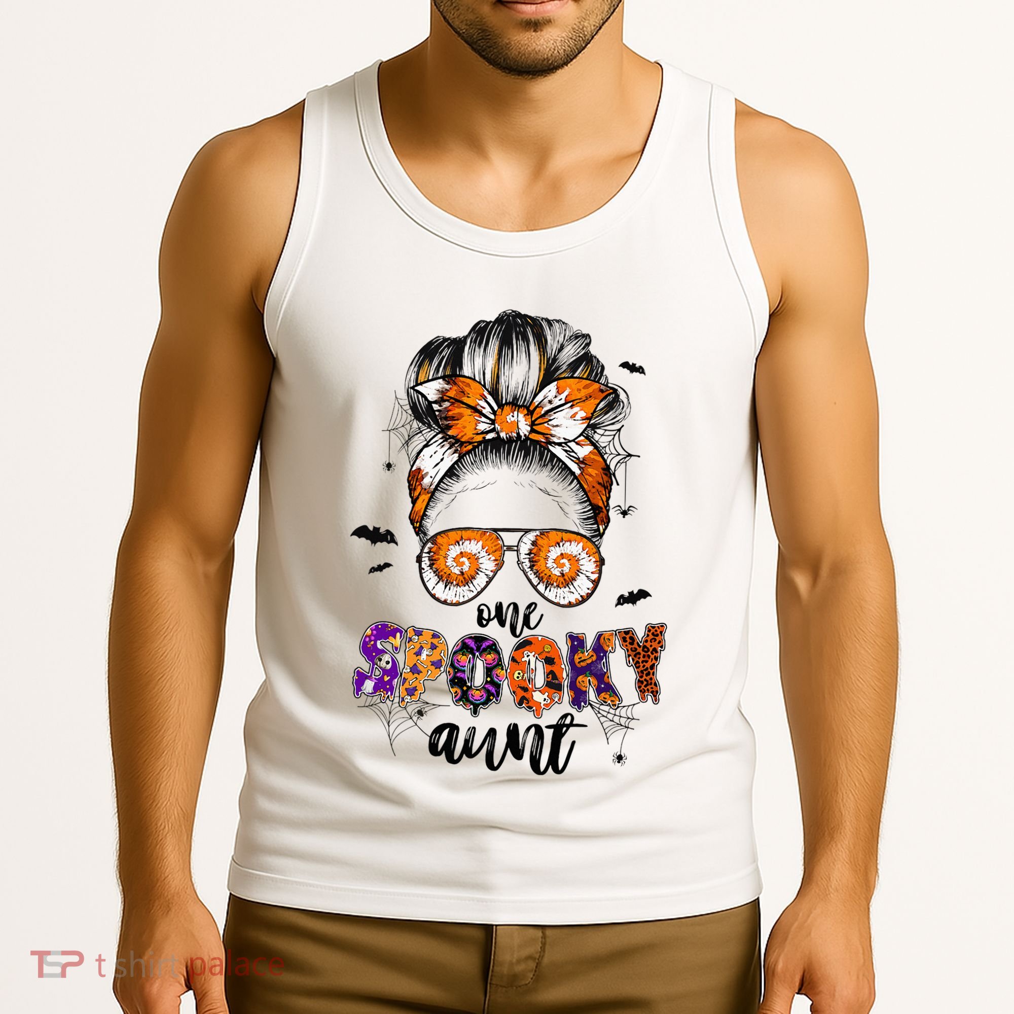 Tie Dye One Spooky Aunt Halloween Monster Messy Bun Aunt  Tank Top
