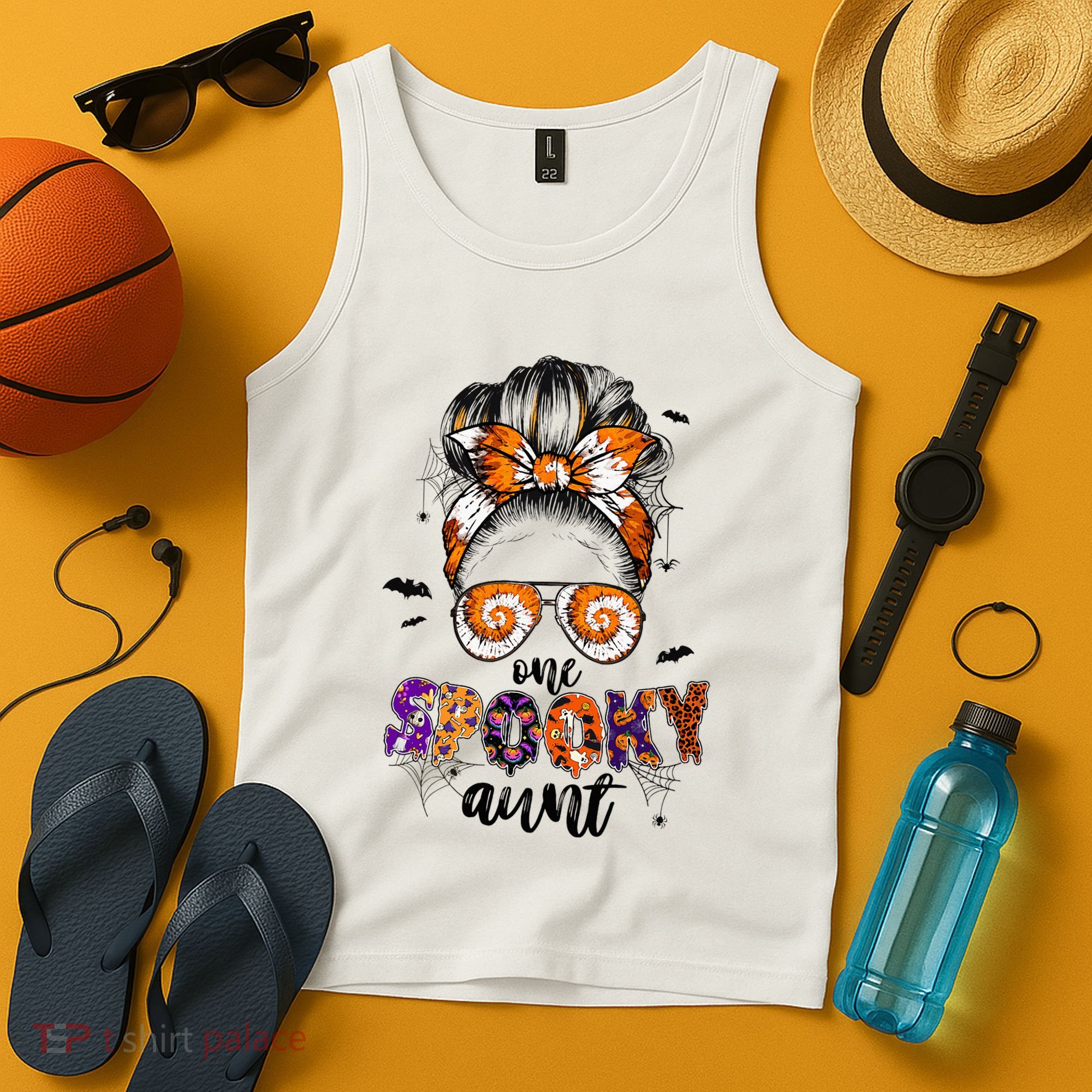 Tie Dye One Spooky Aunt Halloween Monster Messy Bun Aunt  Tank Top