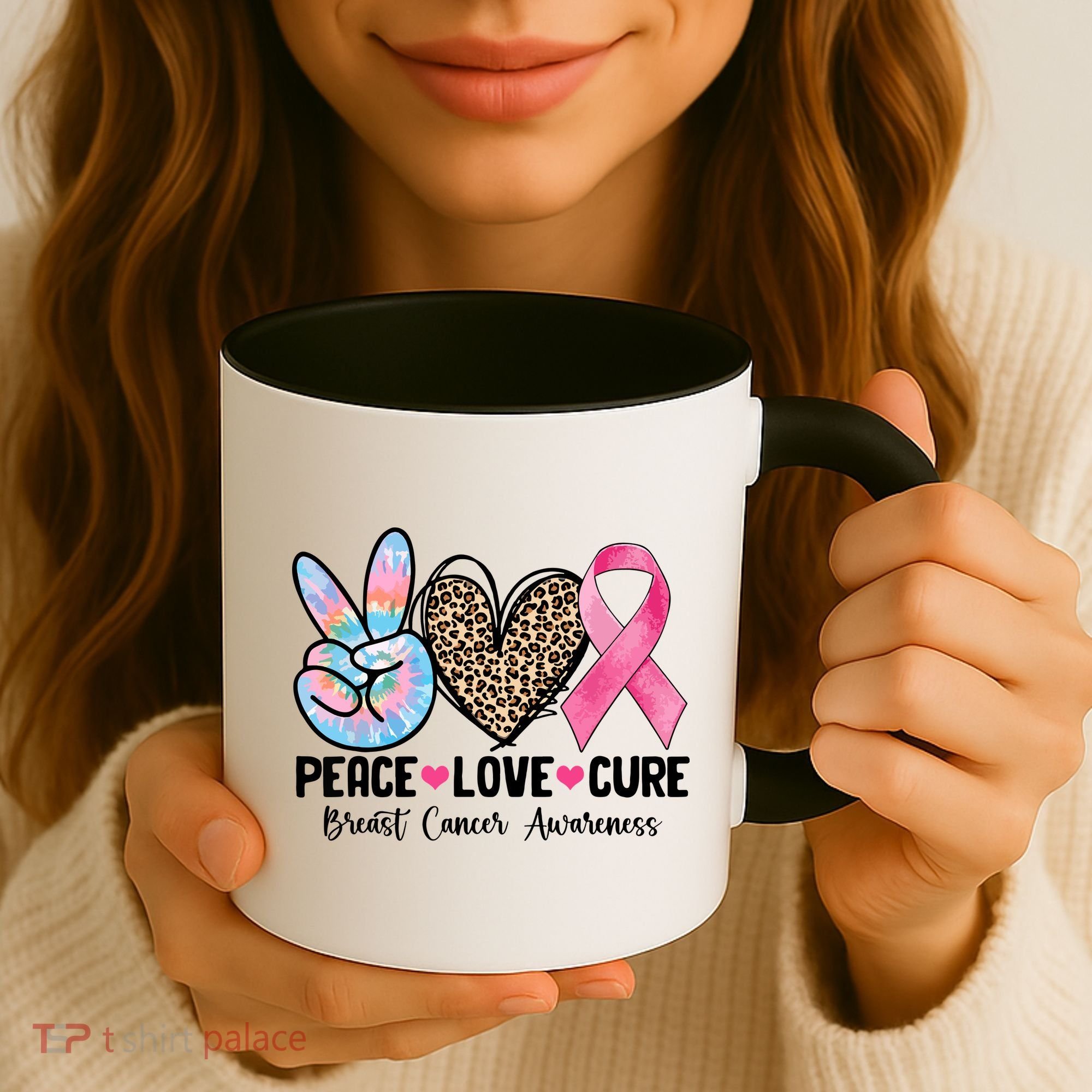 Tie Dye Peace Love Cure Pink Ribbon Breast Cancer Awareness Gift Coffee Mug