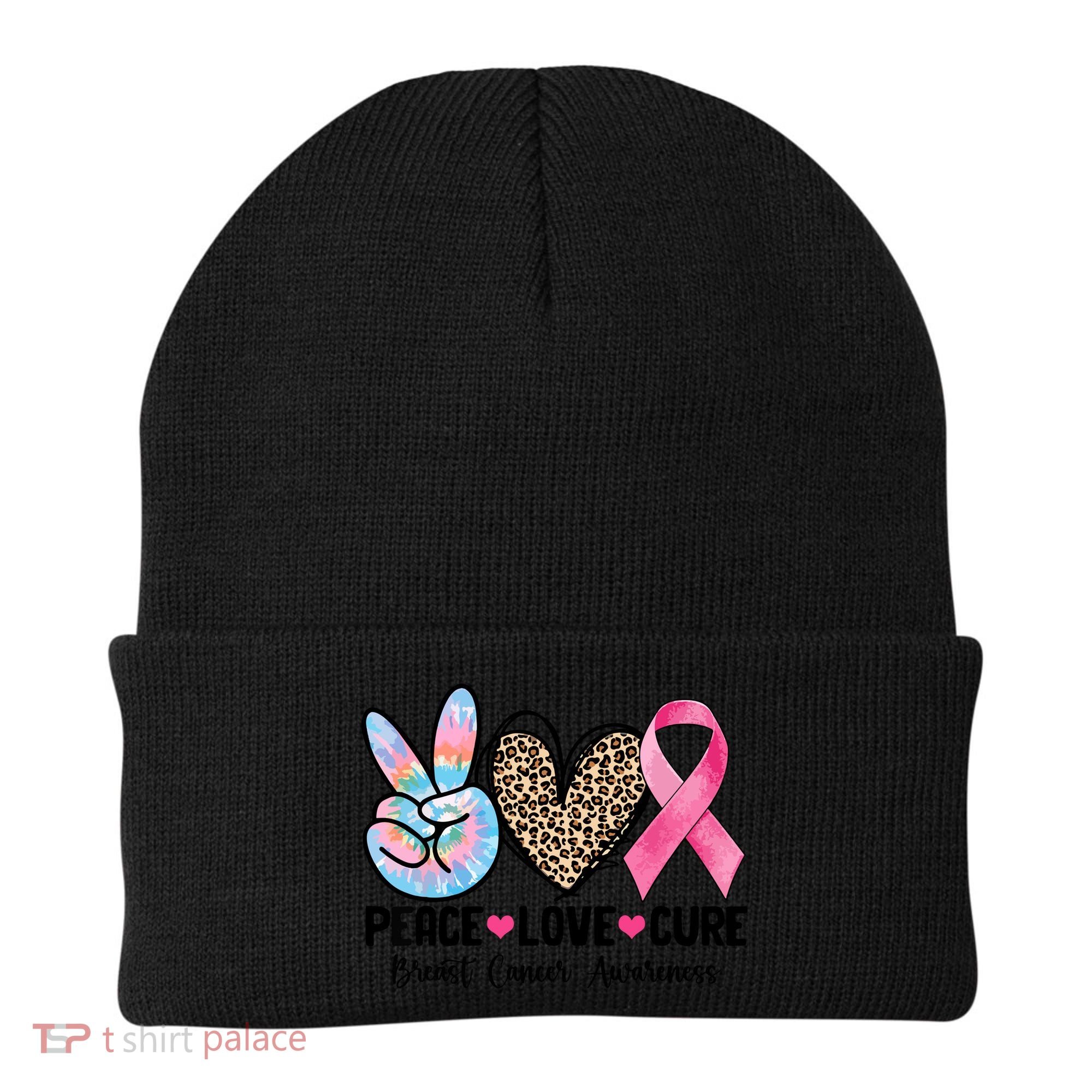 Tie Dye Peace Love Cure Pink Ribbon Breast Cancer Awareness Gift Beanie