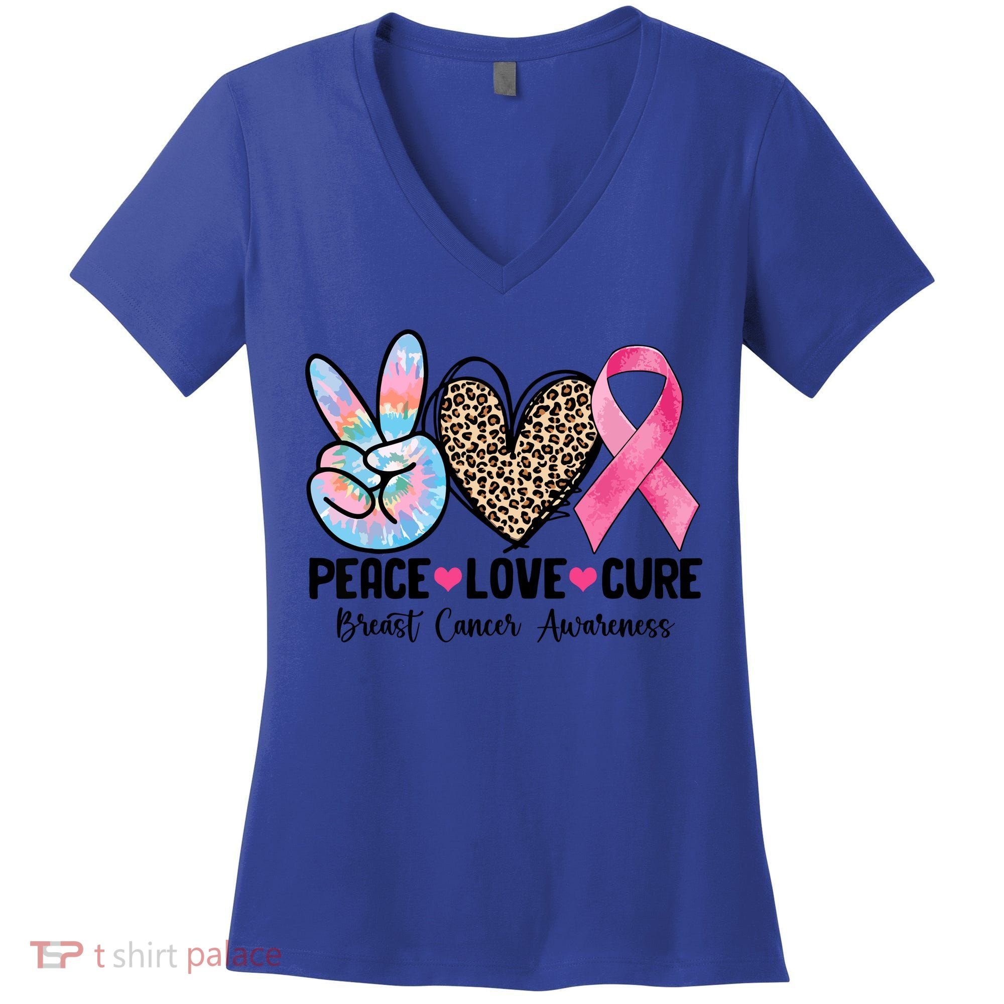 Tie Dye Peace Love Cure Pink Ribbon Breast Cancer Awareness Gift Women's V-Neck T-Shirt