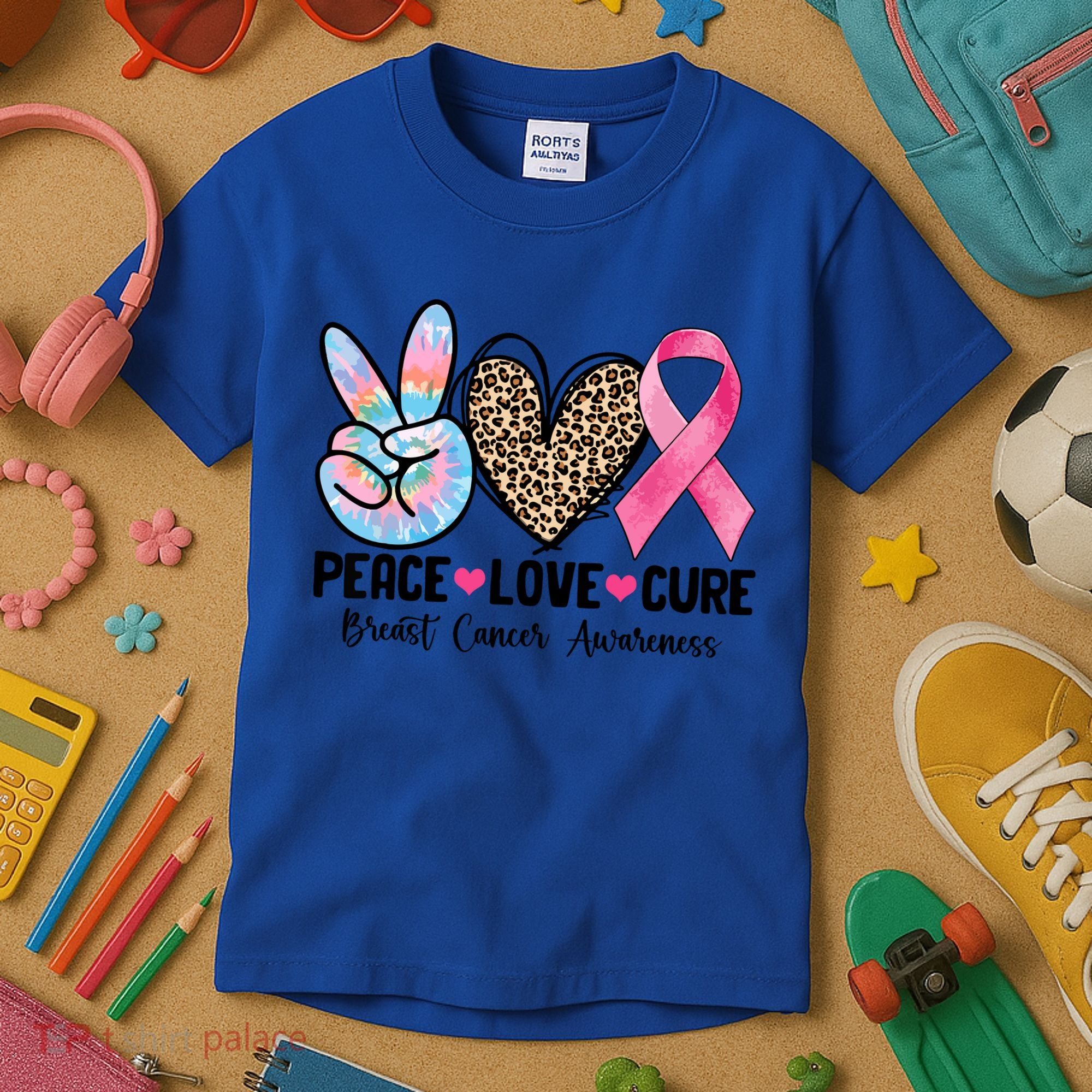 Tie Dye Peace Love Cure Pink Ribbon Breast Cancer Awareness Gift Kids T-Shirt