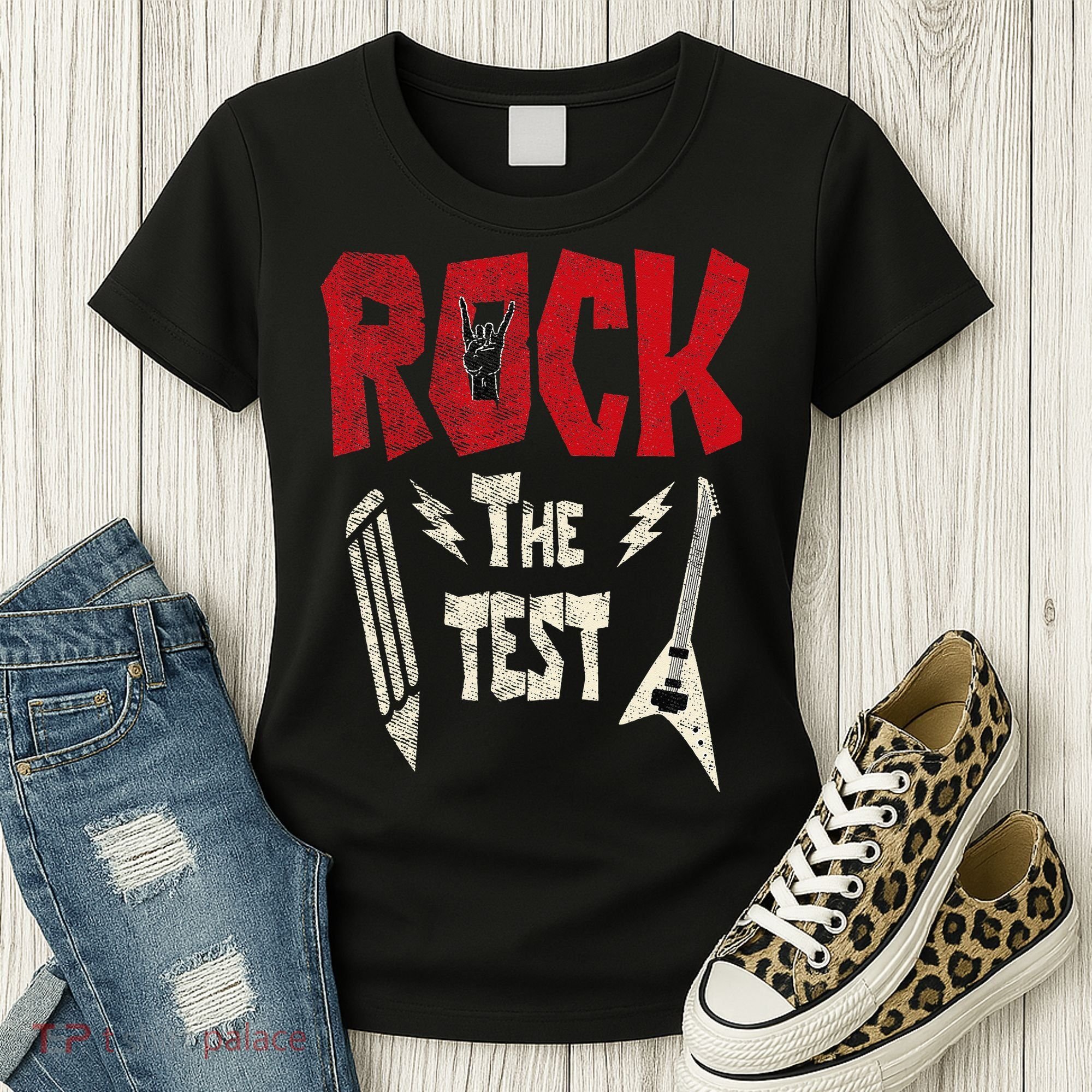 Test Day Rock The Funny Rock Teacher Student Testing Exam Women's T-Shirt