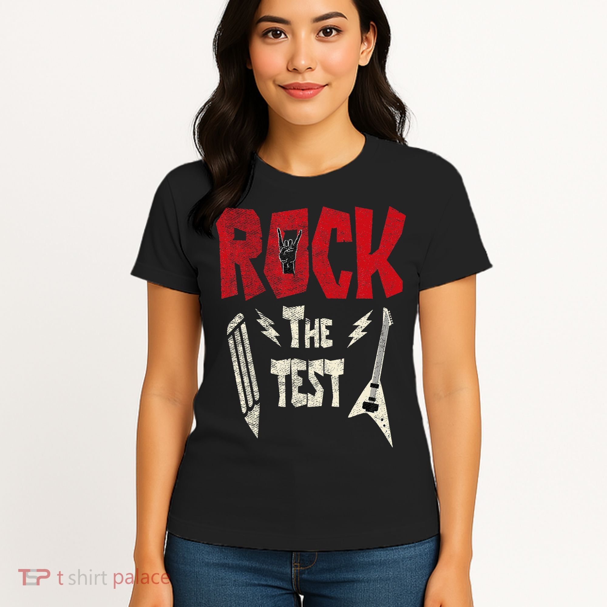 Test Day Rock The Funny Rock Teacher Student Testing Exam Women's T-Shirt
