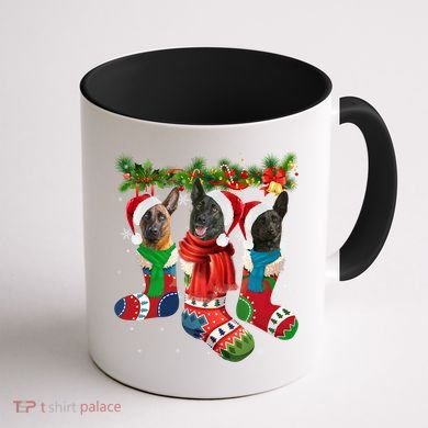 Three Dutch Shepherds In Christmas Socks Coffee Mug back