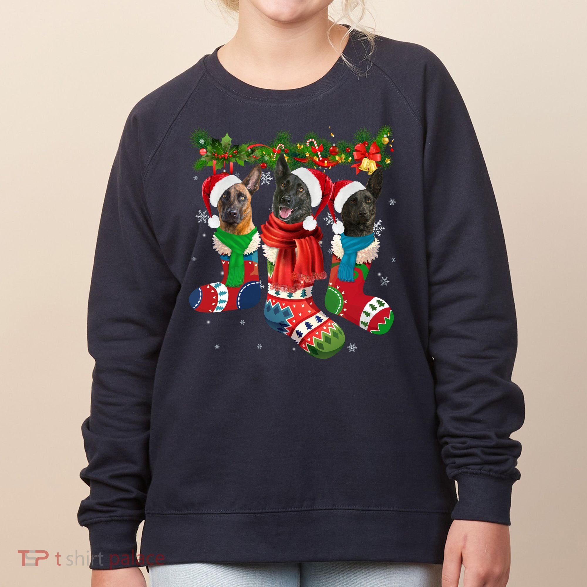 Three Dutch Shepherds In Christmas Socks Women's Sweatshirt