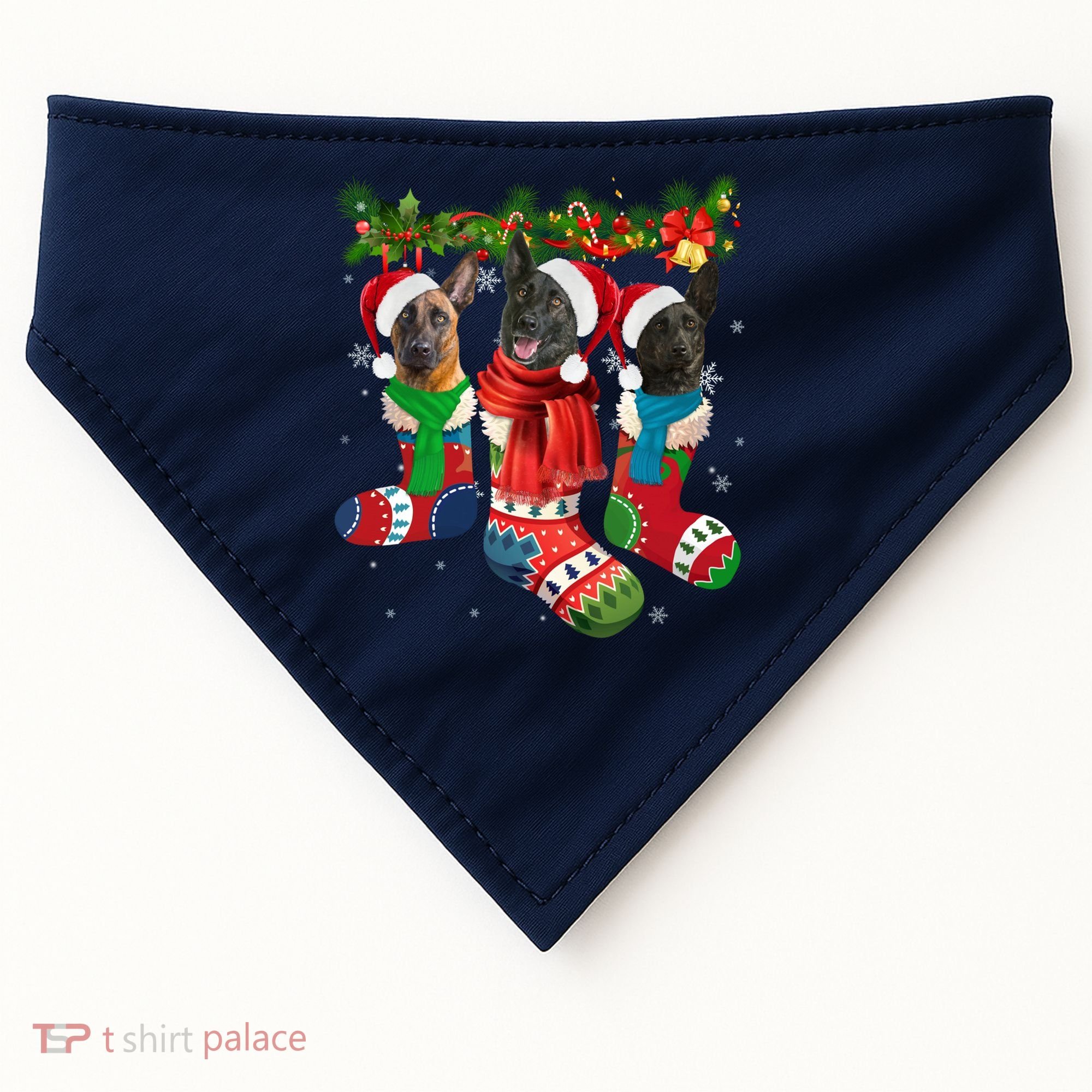 Three Dutch Shepherds In Christmas Socks USA-Made Doggie Bandana