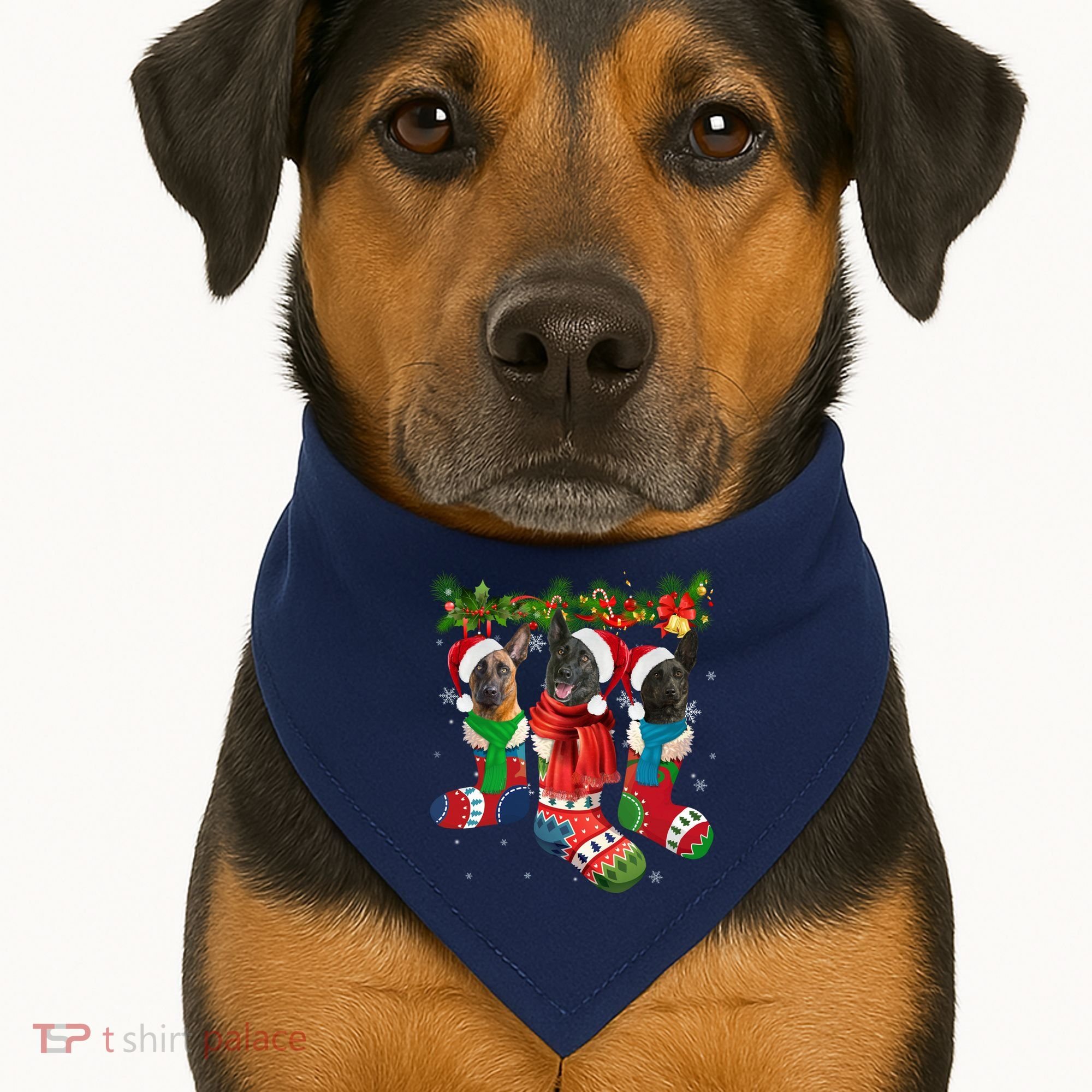 Three Dutch Shepherds In Christmas Socks USA-Made Doggie Bandana