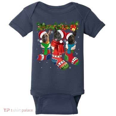 Three Dutch Shepherds In Christmas Socks Baby Bodysuit