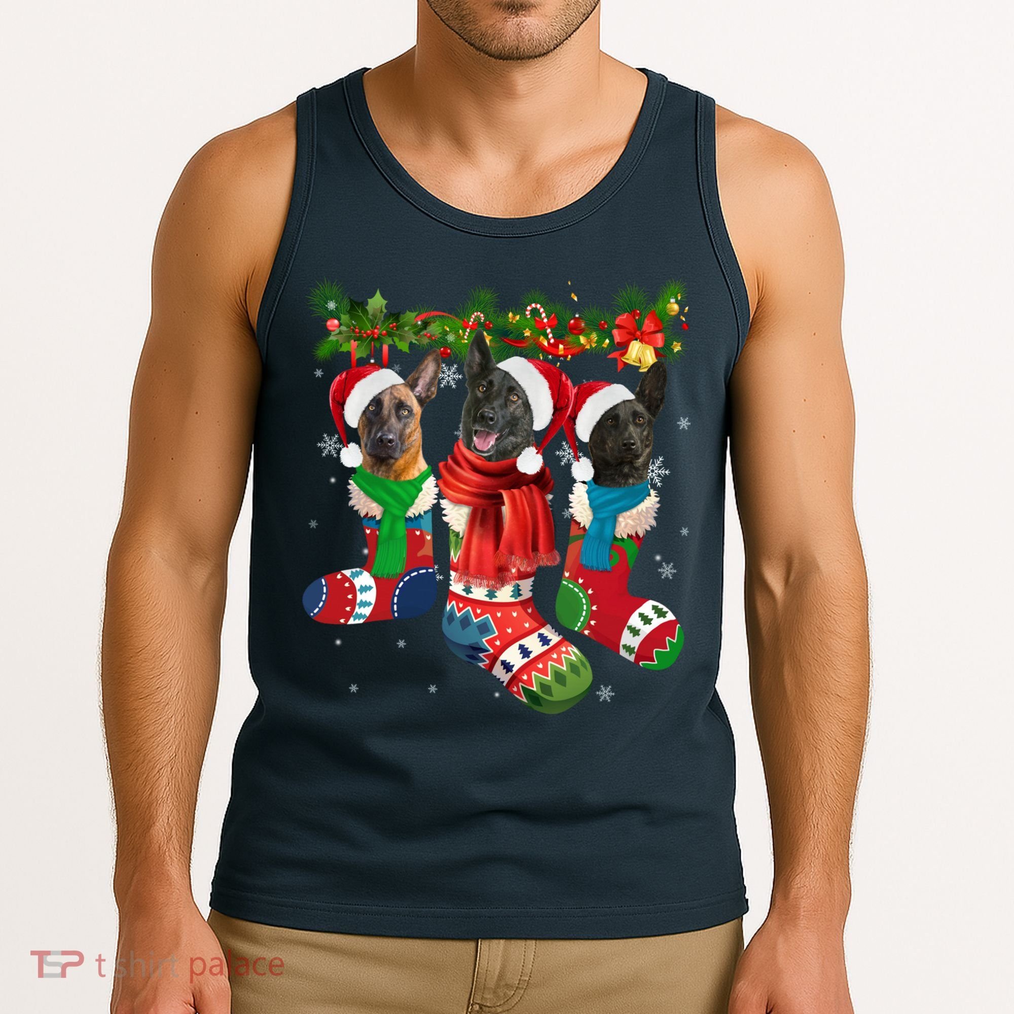 Three Dutch Shepherds In Christmas Socks Tank Top
