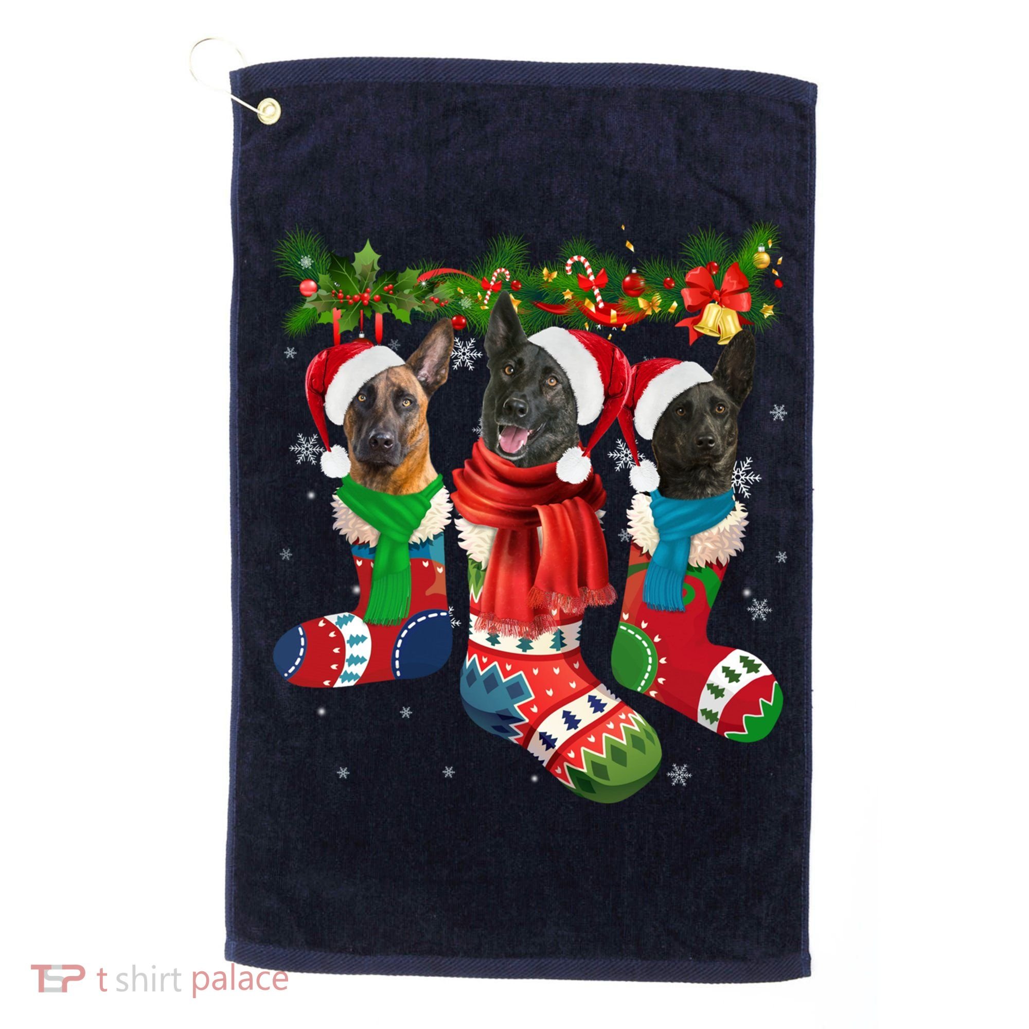 Three Dutch Shepherds In Christmas Socks Golf Towel