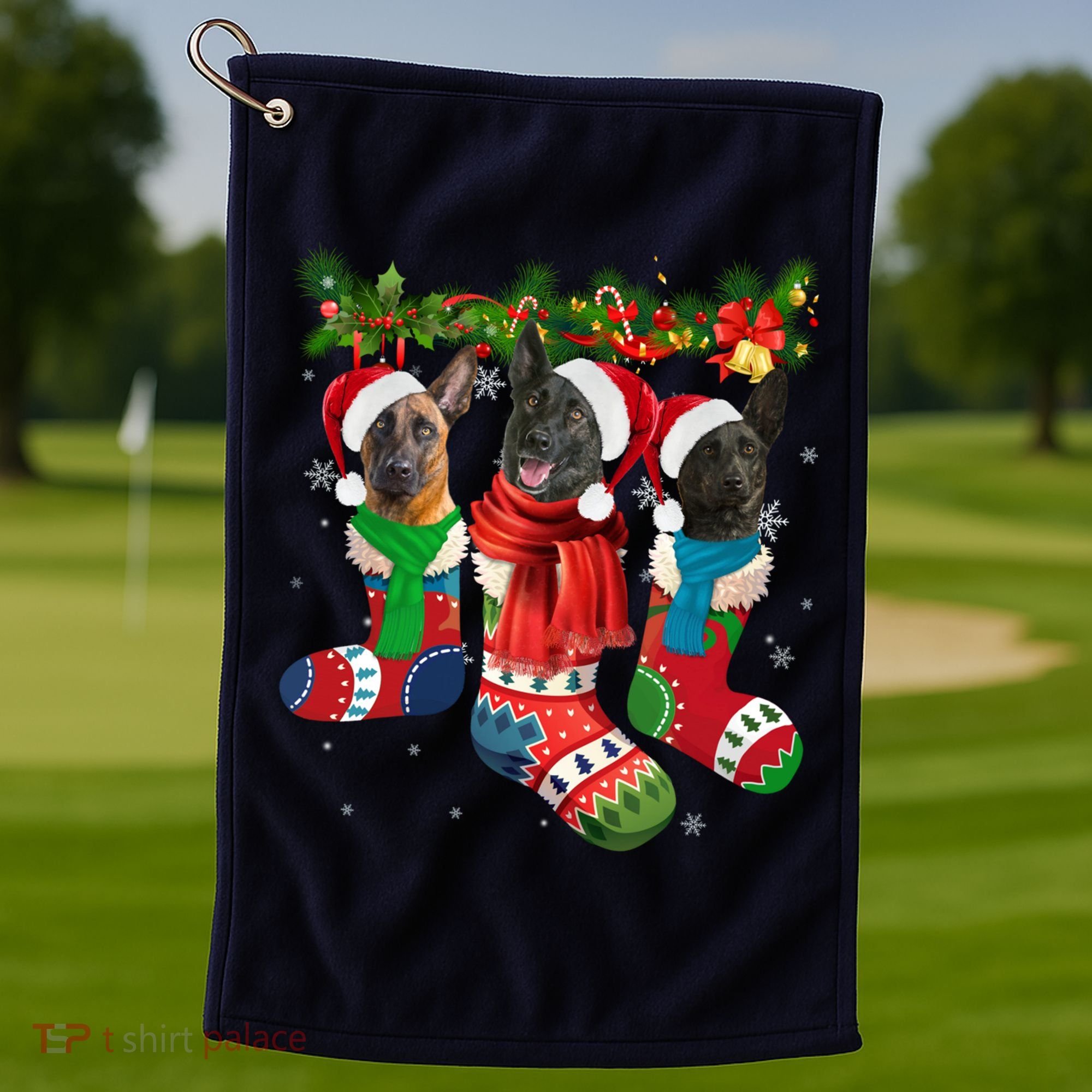 Three Dutch Shepherds In Christmas Socks Golf Towel