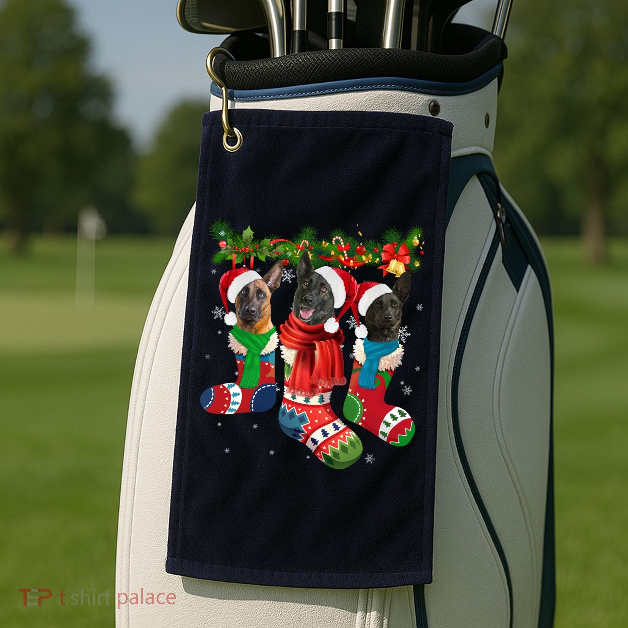 Three Dutch Shepherds In Christmas Socks Golf Towel