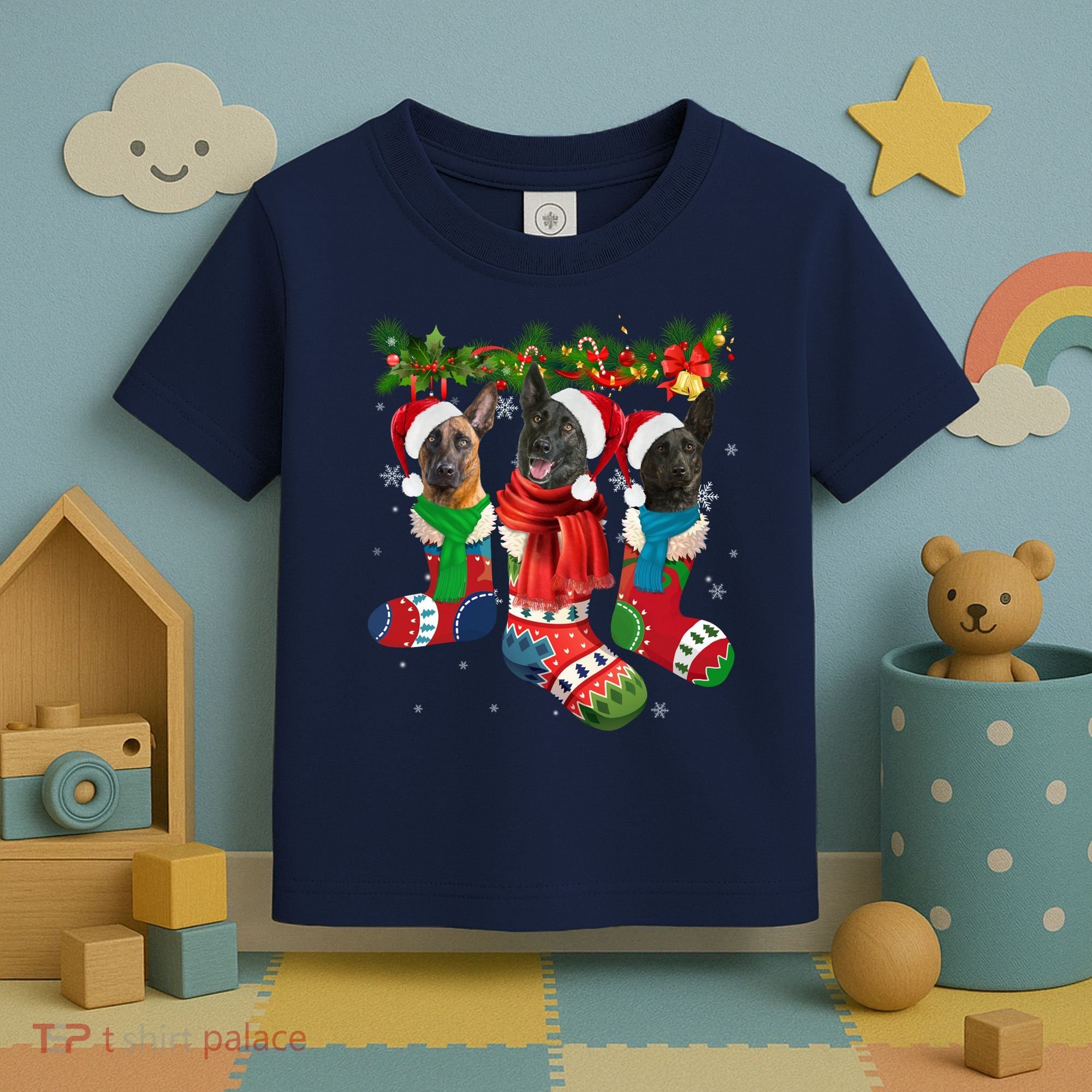 Three Dutch Shepherds In Christmas Socks Toddler T-Shirt
