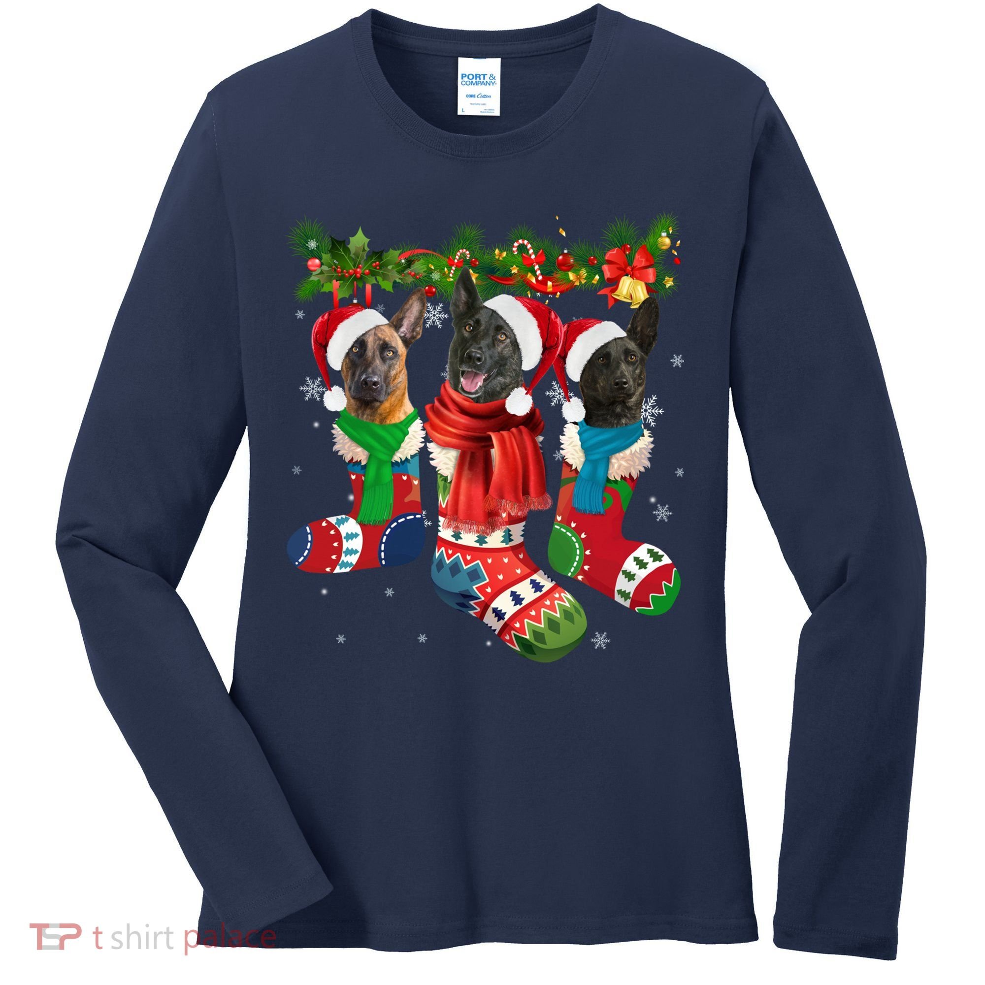 Three Dutch Shepherds In Christmas Socks Women's Long Sleeve Shirt