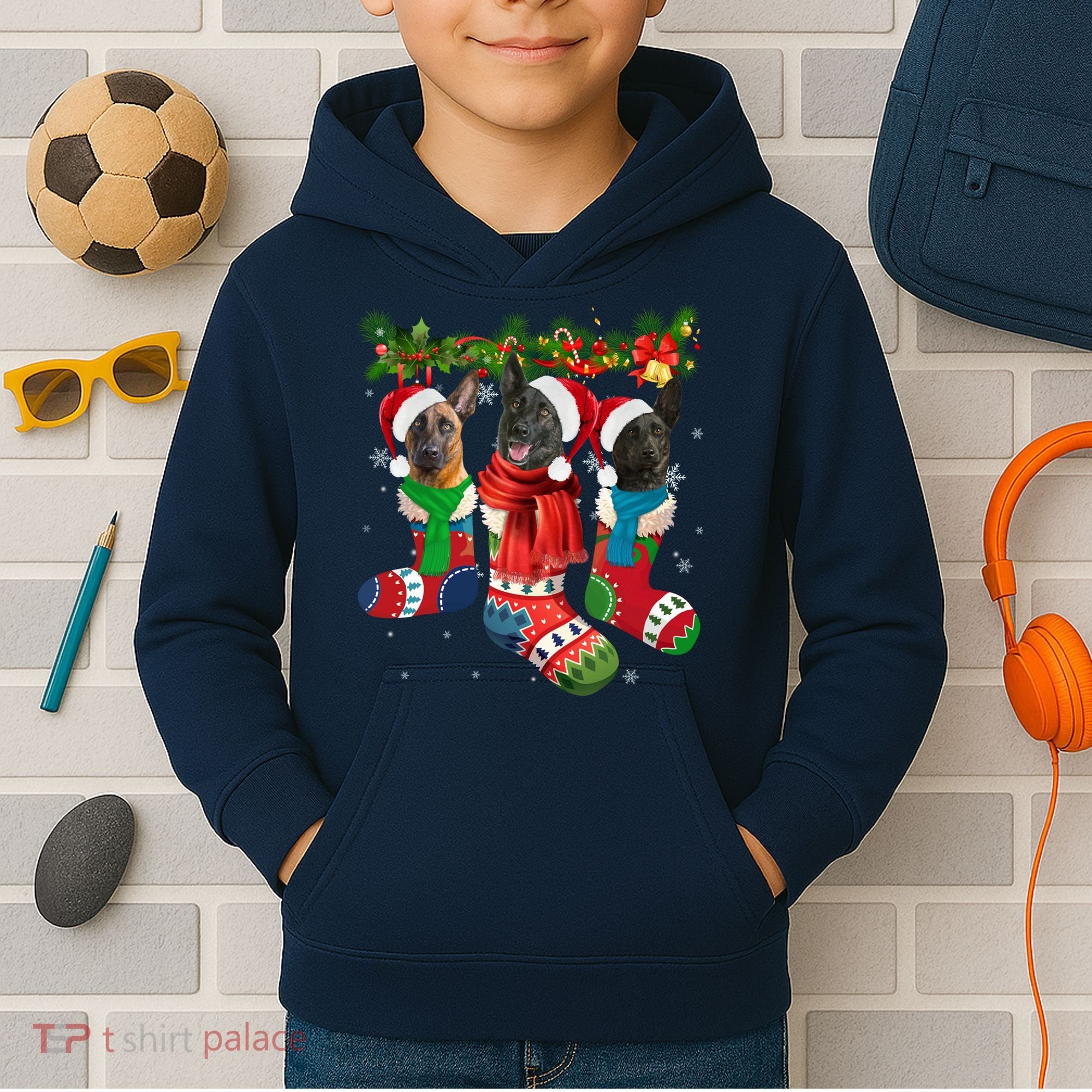 Three Dutch Shepherds In Christmas Socks Kids Hoodie