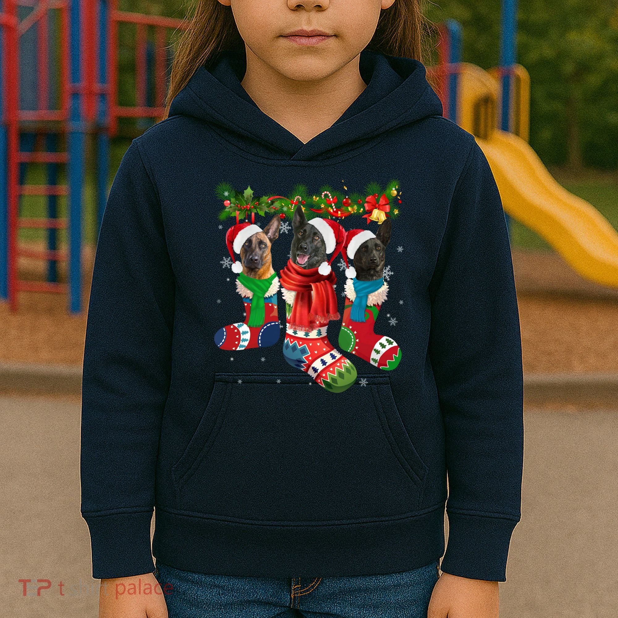 Three Dutch Shepherds In Christmas Socks Kids Hoodie