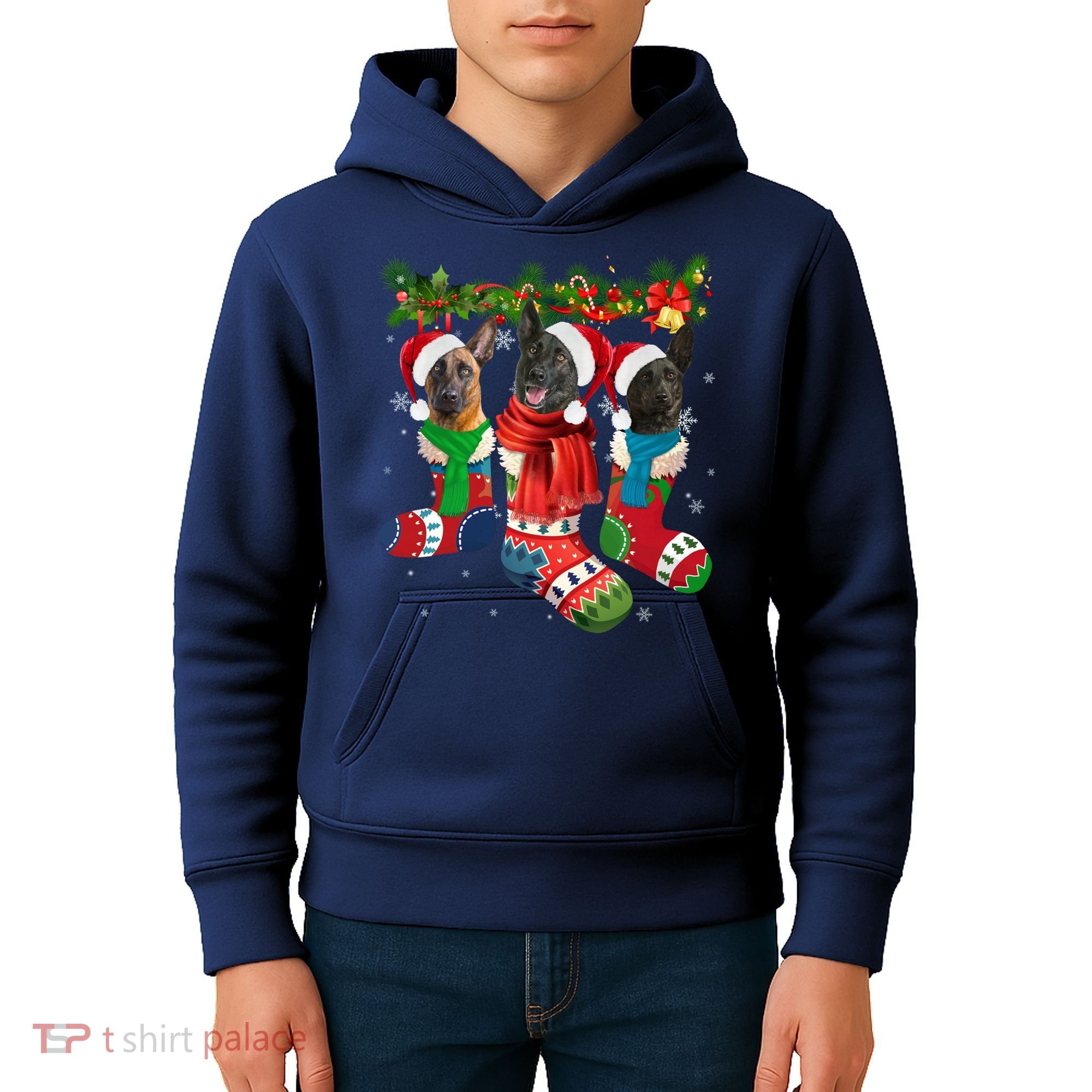 Three Dutch Shepherds In Christmas Socks Kids Hoodie