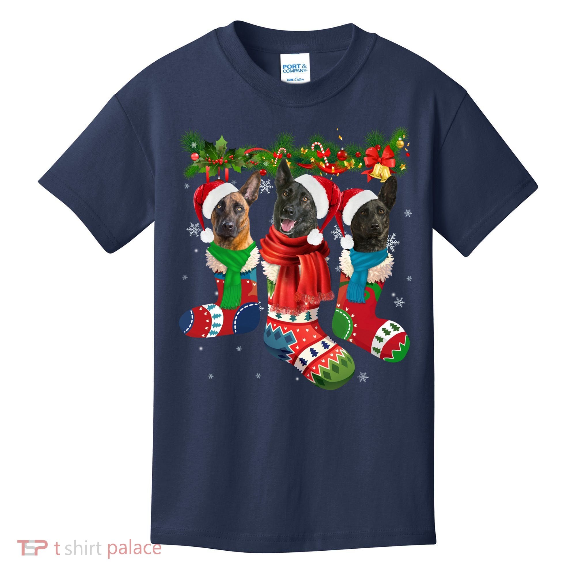Three Dutch Shepherds In Christmas Socks Kids T-Shirt