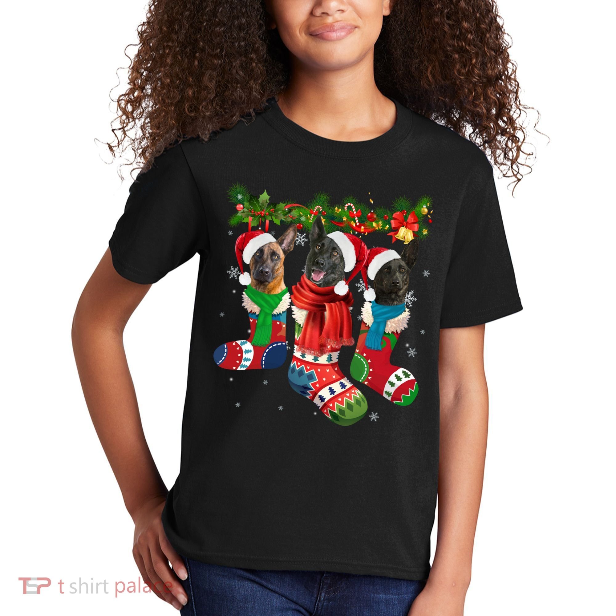 Three Dutch Shepherds In Christmas Socks Kids T-Shirt