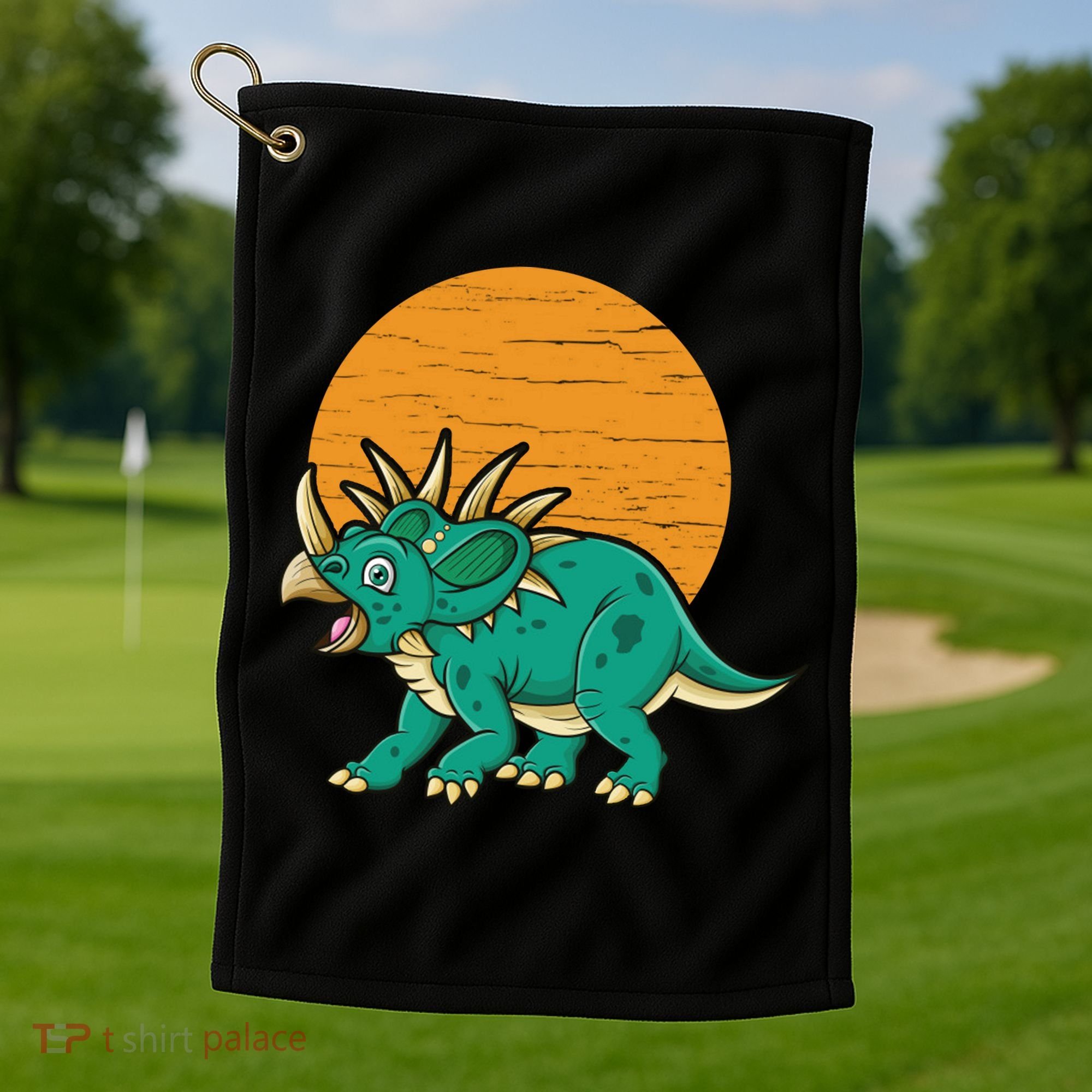 Triceratops Dinosaur Sunset Golf Towel