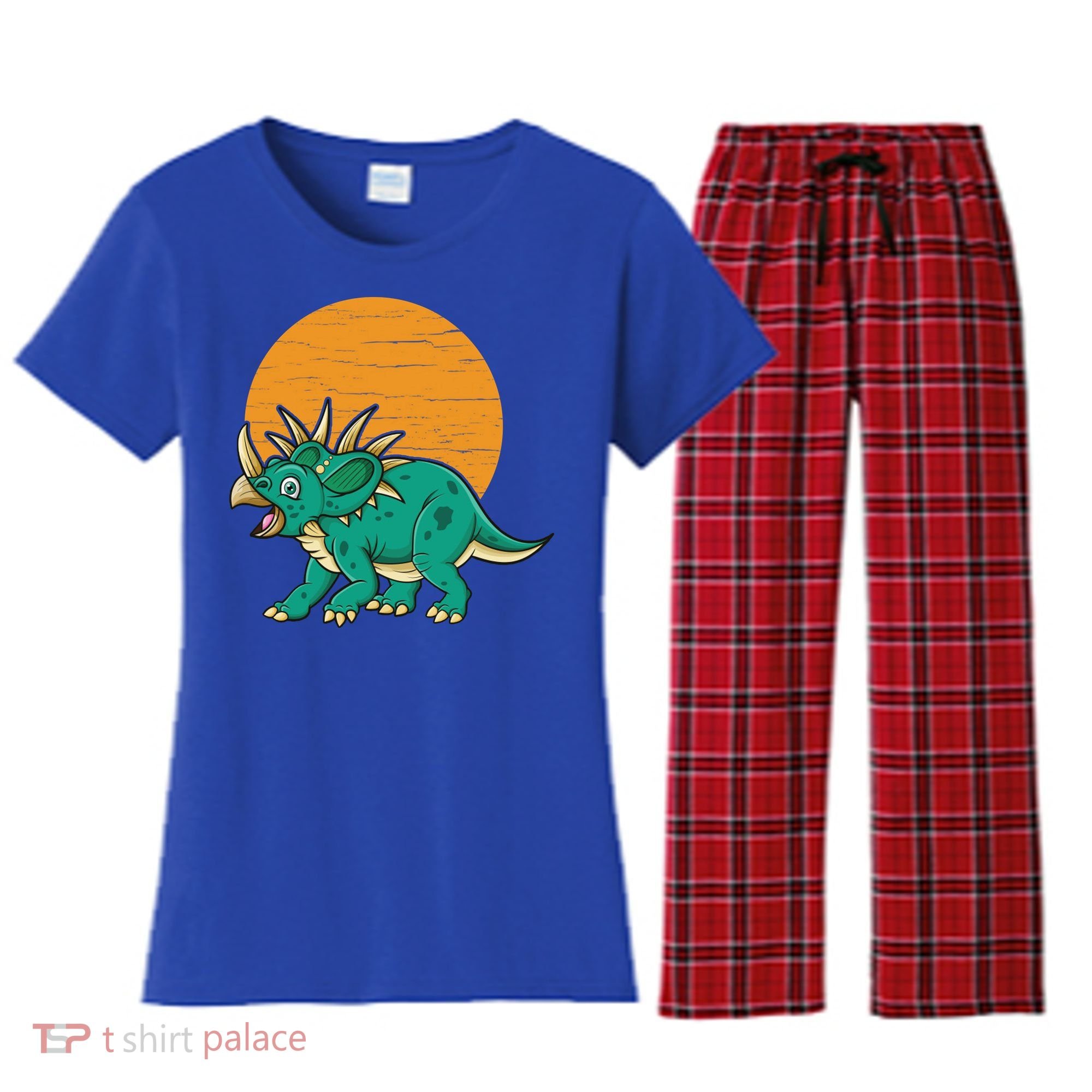Triceratops Dinosaur Sunset Women's Flannel Pajama Set