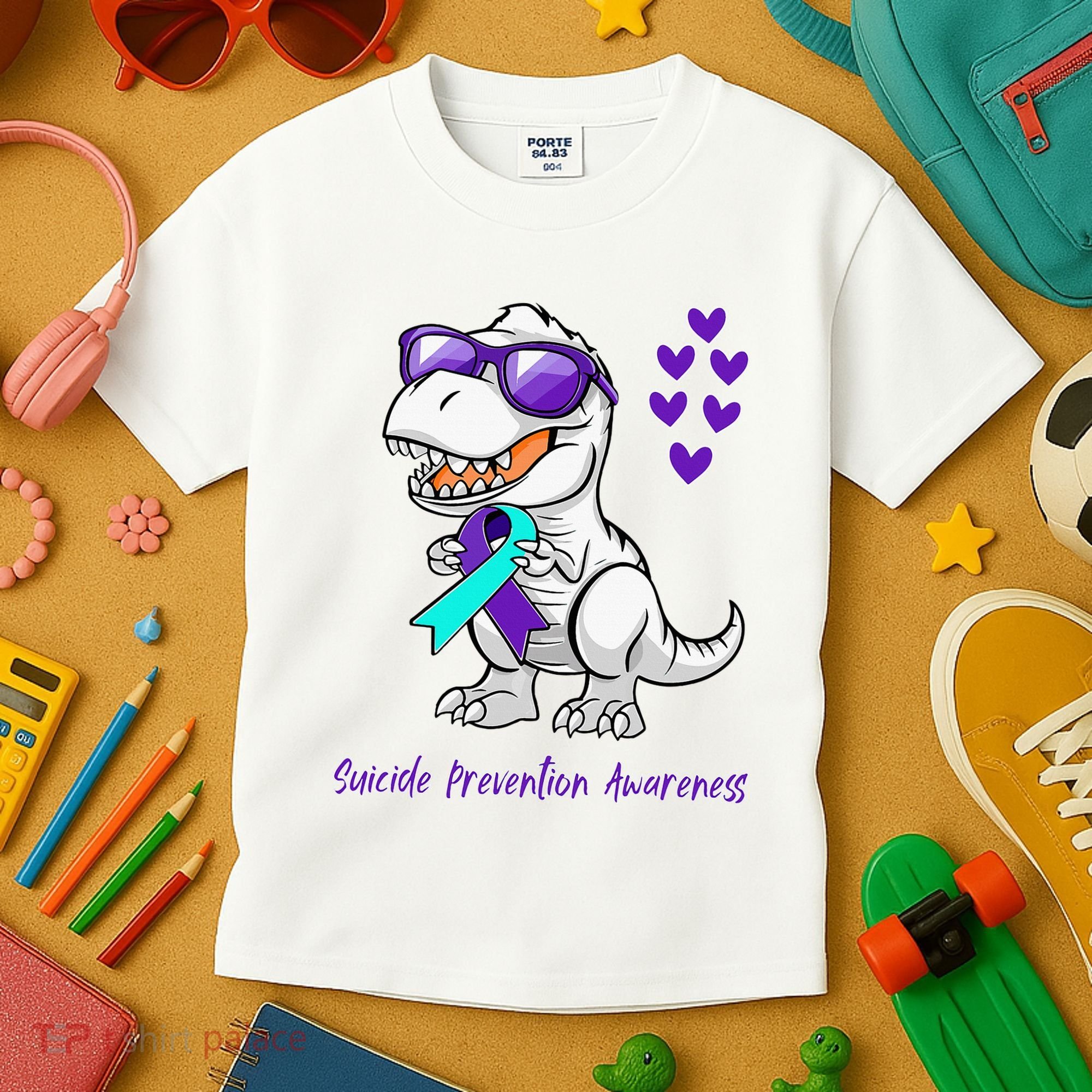 Trex Dinosaur Suicide Prevention Awareness Day Dino Kids T-Shirt