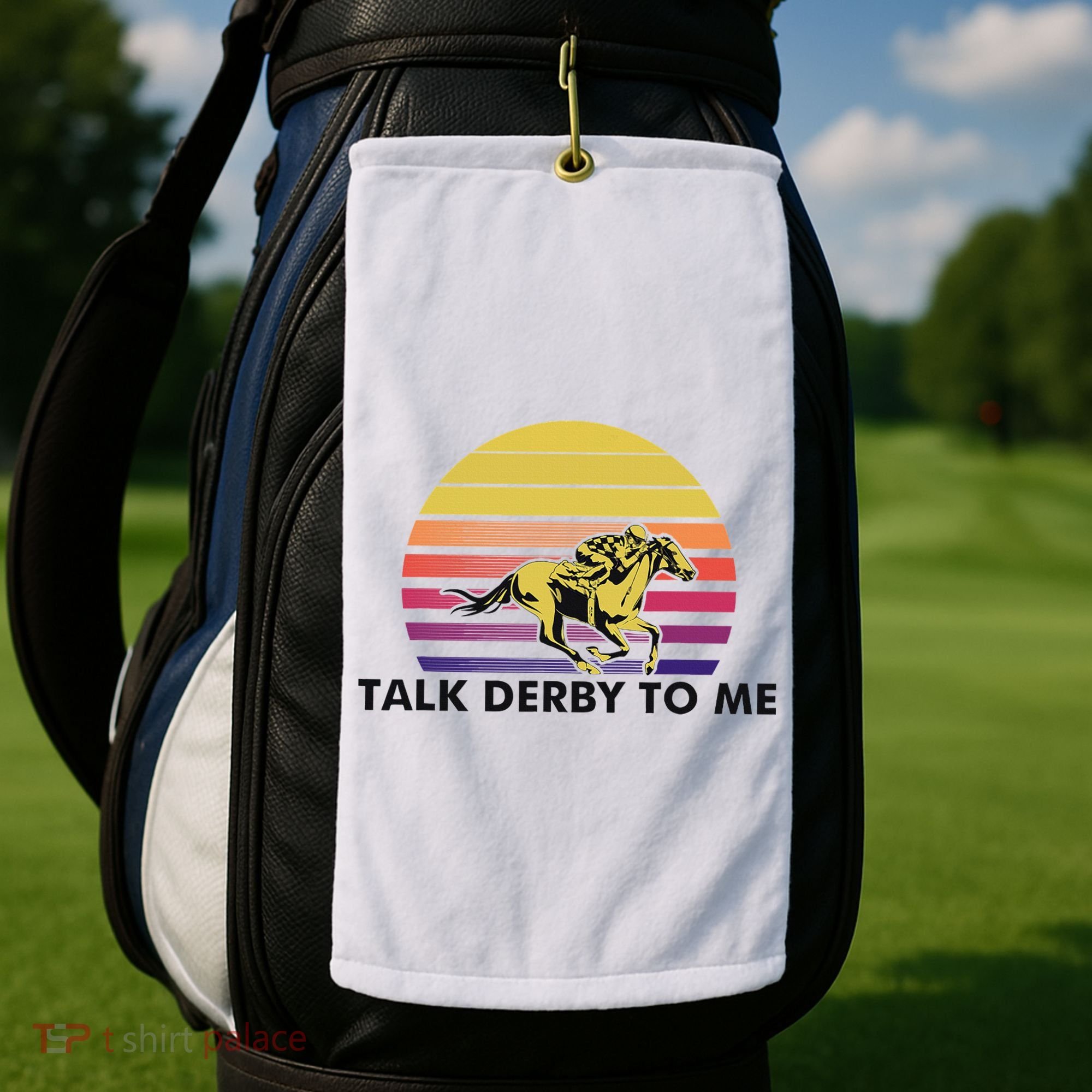 Talk Derby To Me Horse Racing Jockeys Sunset Race Golf Towel