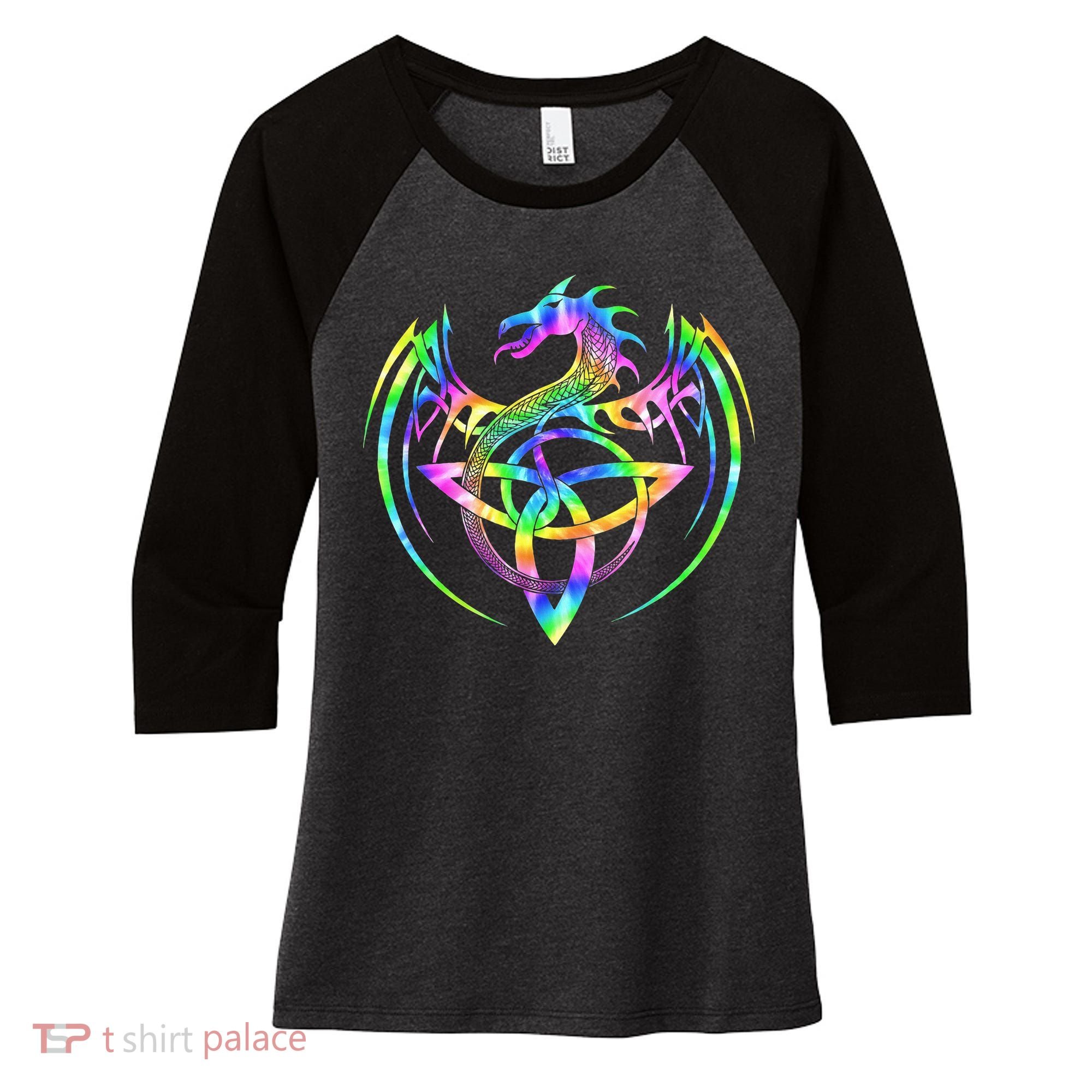 Tie Dye Tribal Celtic Knot Fantasy Dragon Women's Tri-Blend 3/4-Sleeve Raglan Shirt
