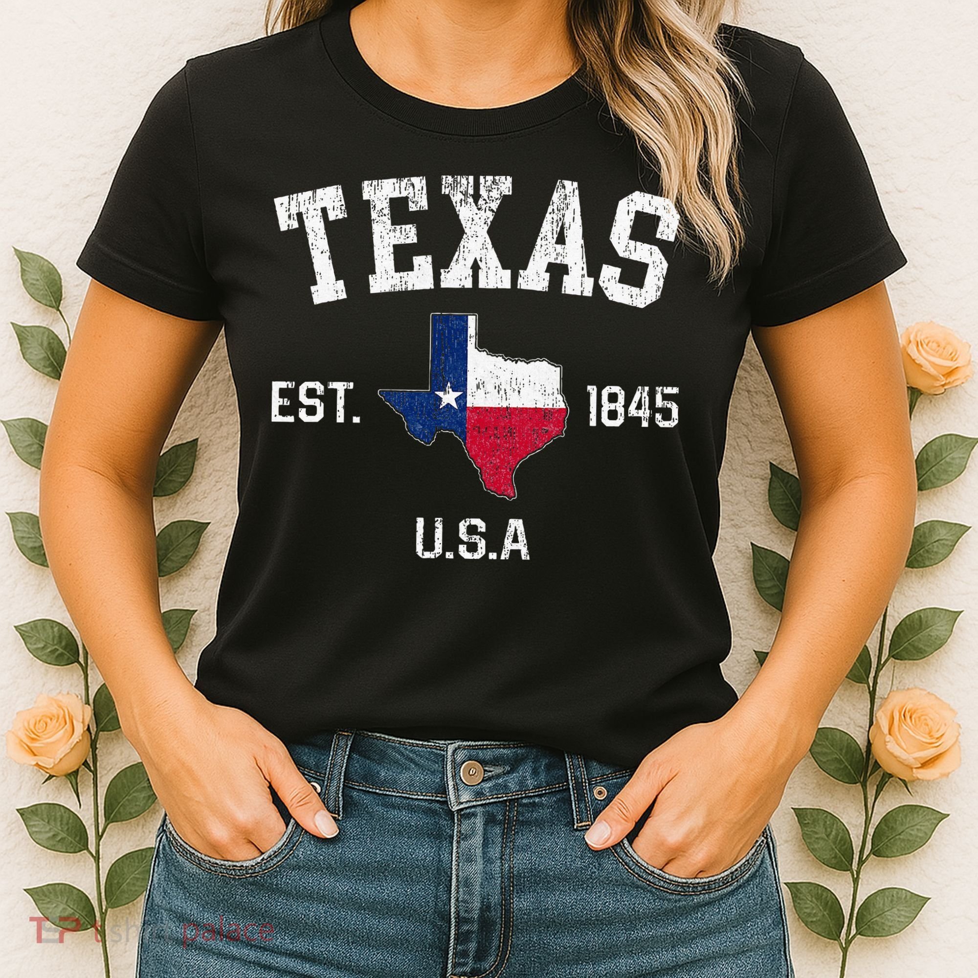 Texas Est 1845 Texas State Flag Map Texan Pride Women's T-Shirt