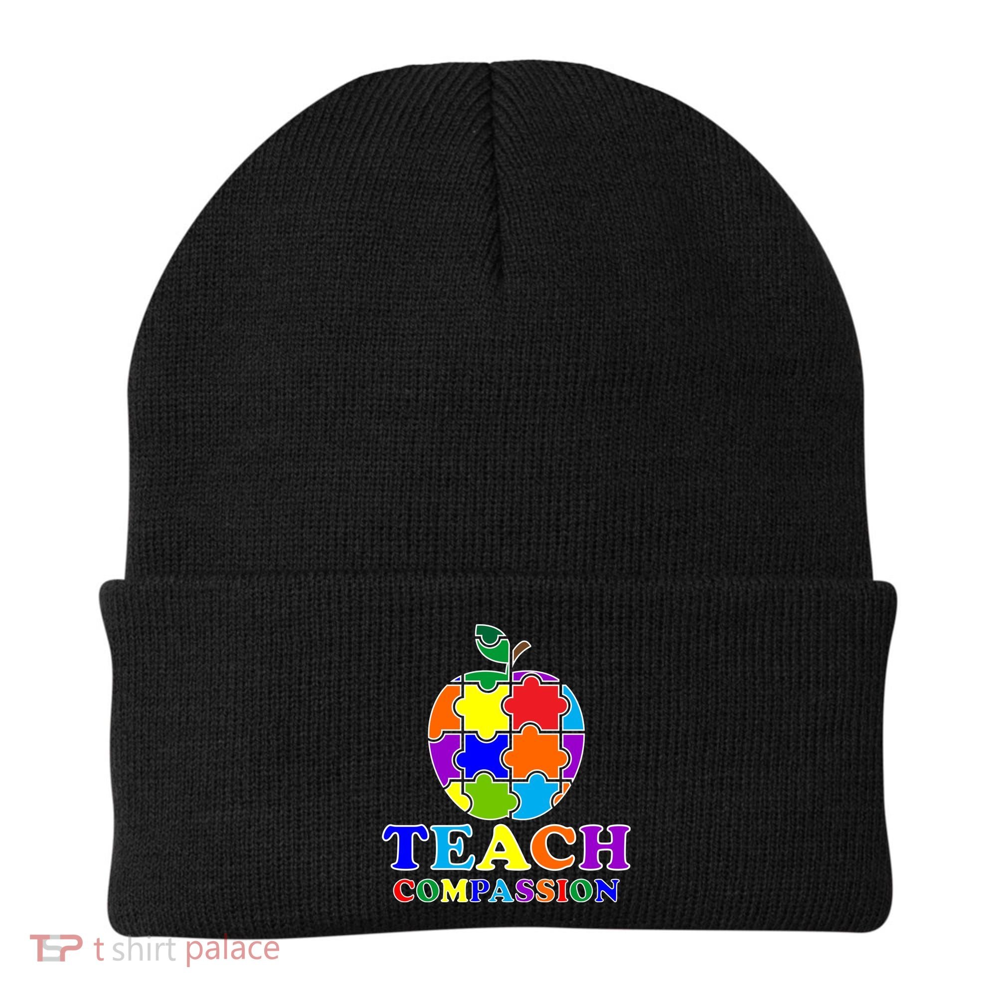 Teach Compassion Autism Awareness Teacher Apple Puzzle Beanie