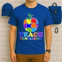 Teach Compassion Autism Awareness Teacher Apple Puzzle T-Shirt thumb 6