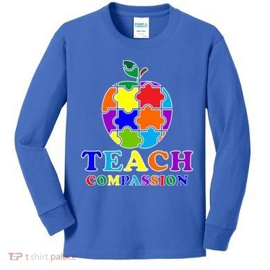 Teach Compassion Autism Awareness Teacher Apple Puzzle Kids Long Sleeve Shirt