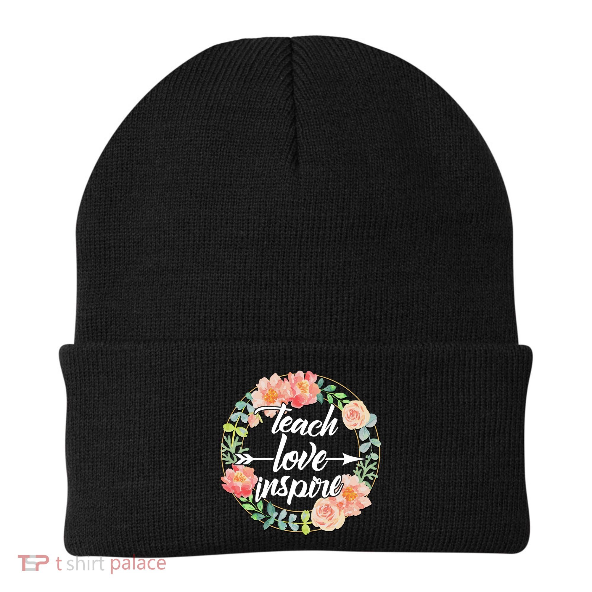Teach Love Inspire Flower Wreath Beanie