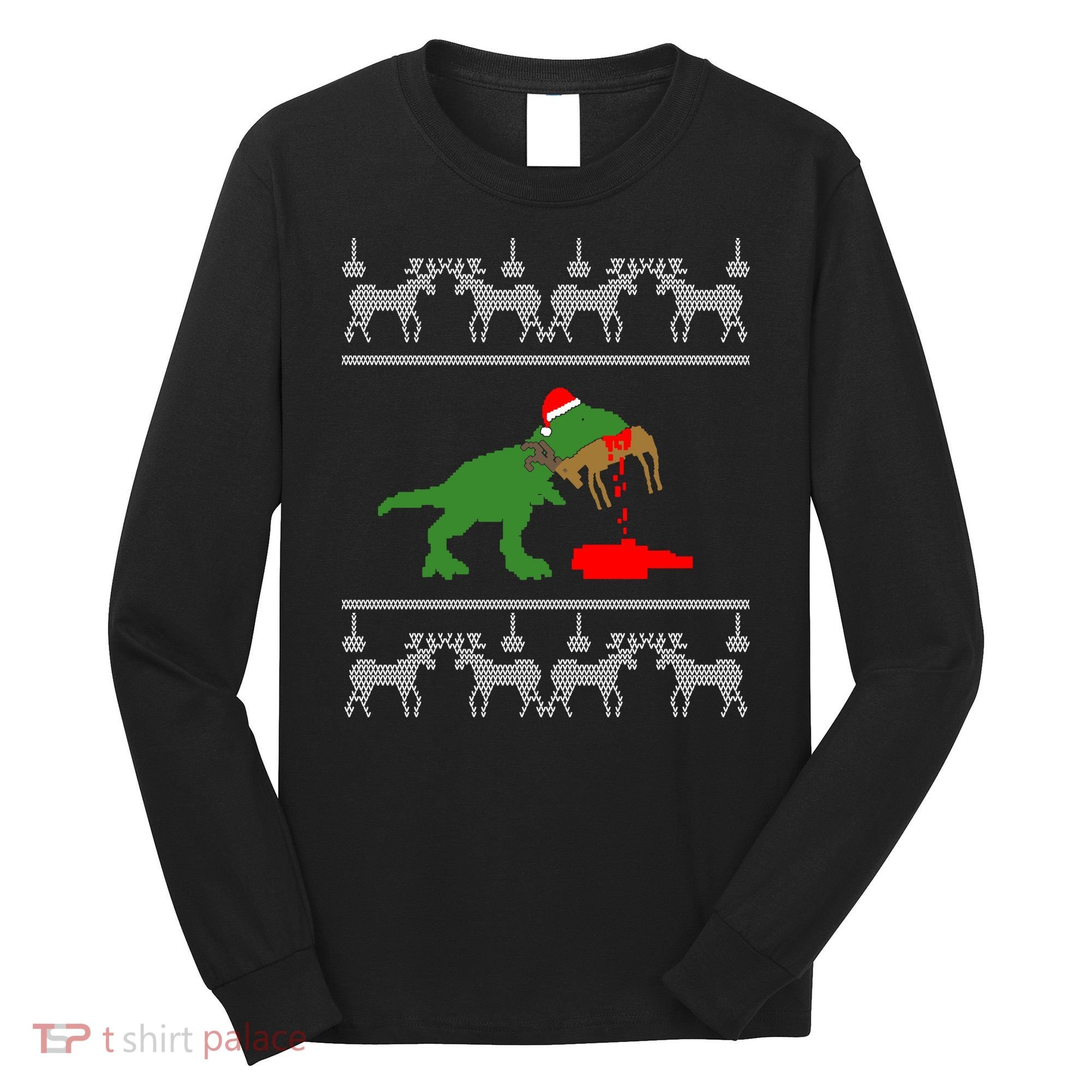 Trex Eating Deer Hunter Ugly Christmas Long Sleeve Shirt