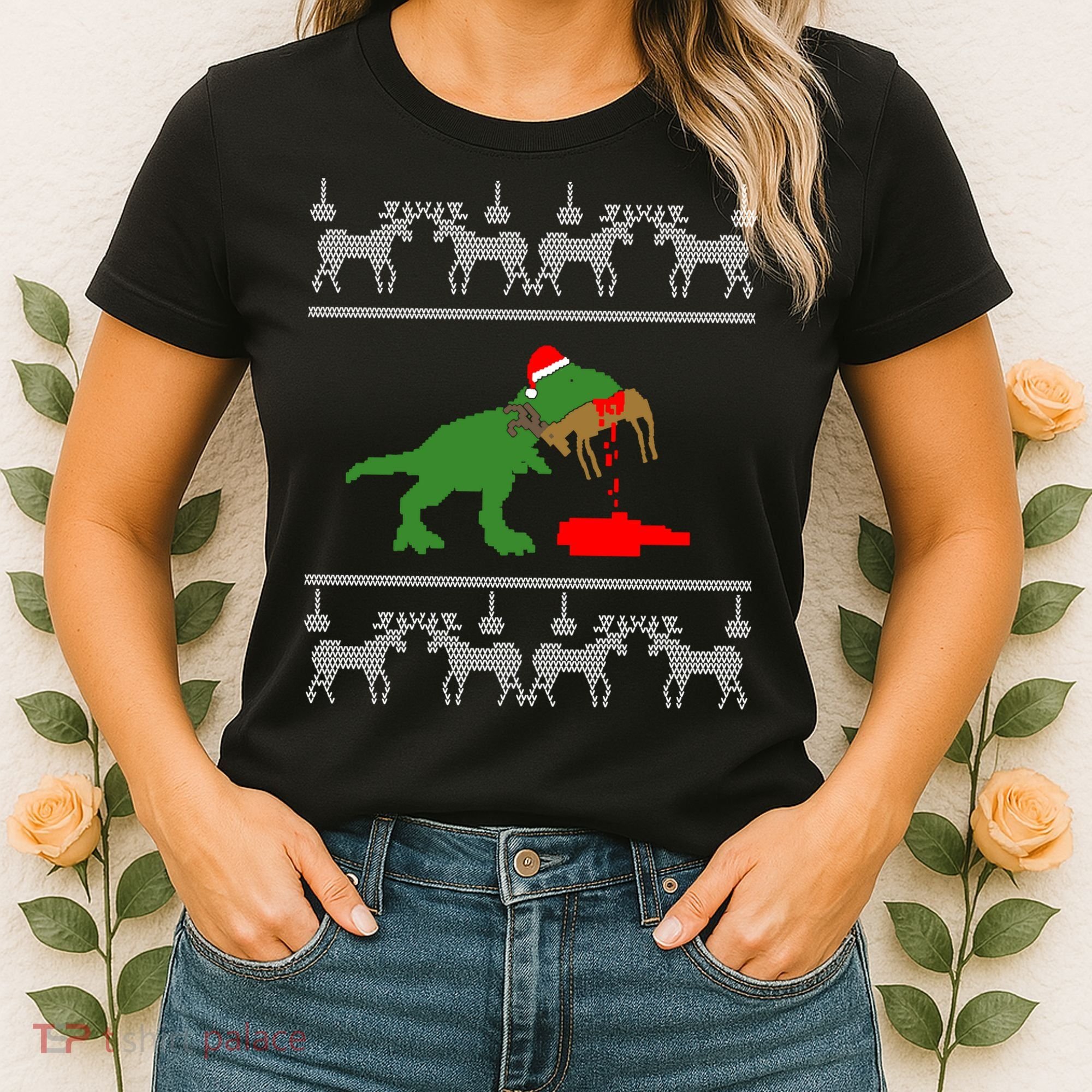 Trex Eating Deer Hunter Ugly Christmas Women's T-Shirt