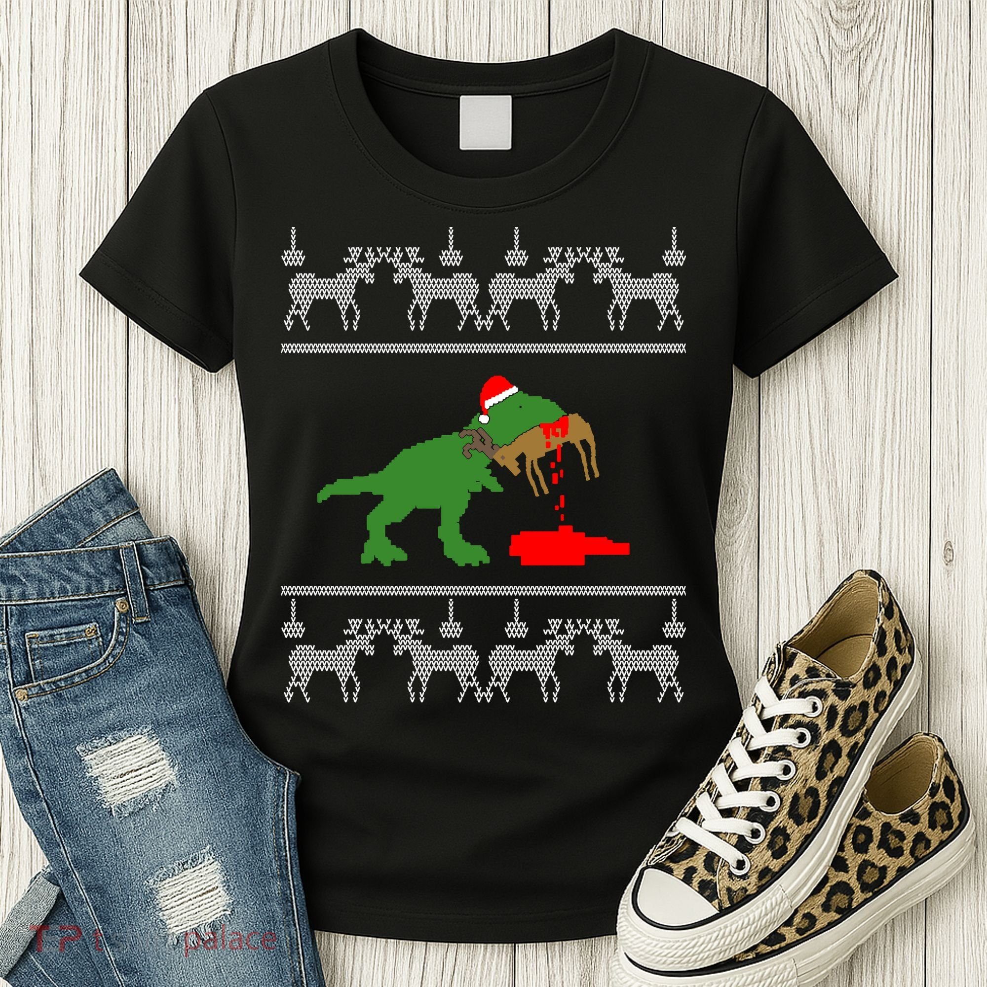 Trex Eating Deer Hunter Ugly Christmas Women's T-Shirt
