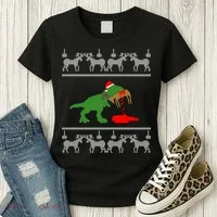 Trex Eating Deer Hunter Ugly Christmas Women's T-Shirt thumb 3