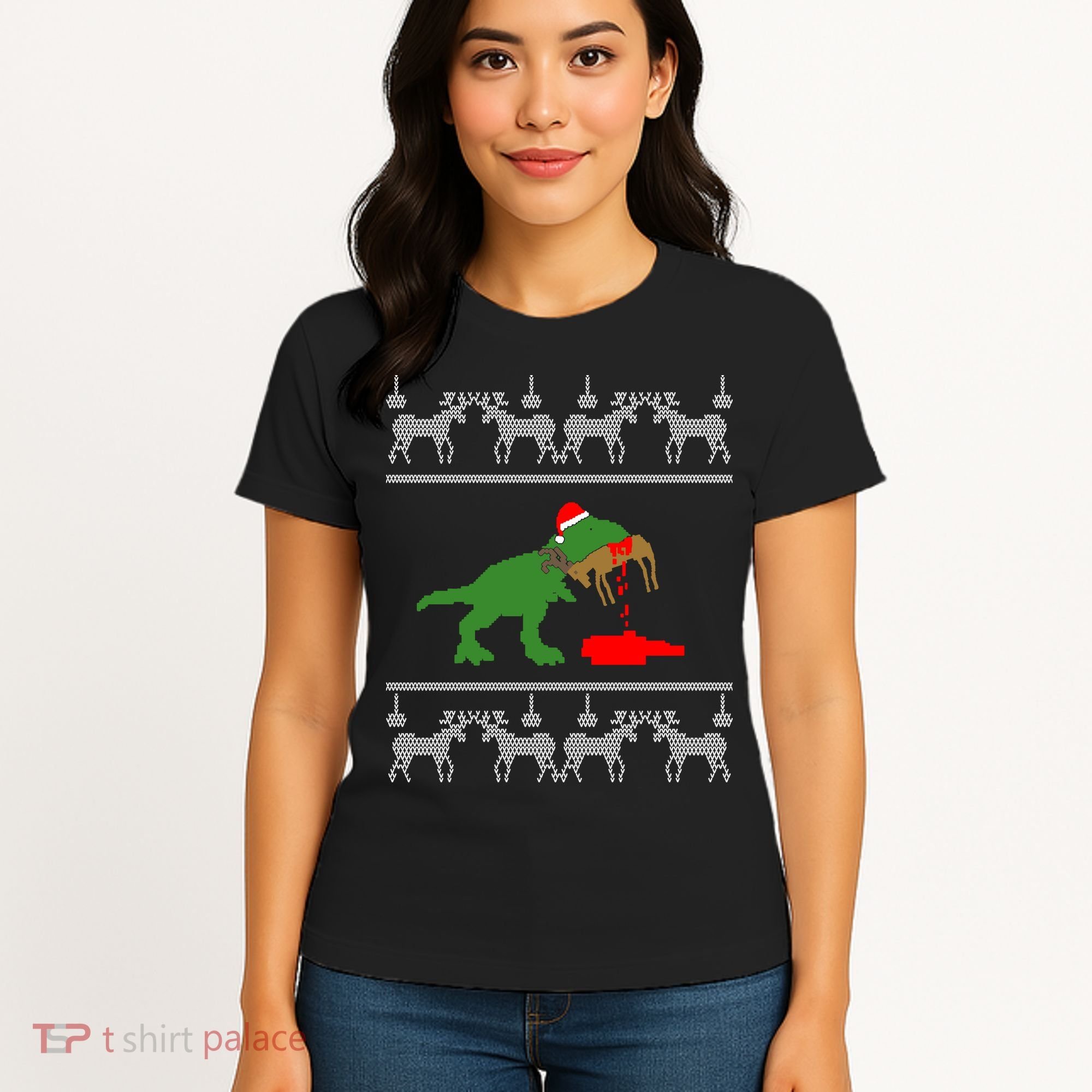 Trex Eating Deer Hunter Ugly Christmas Women's T-Shirt