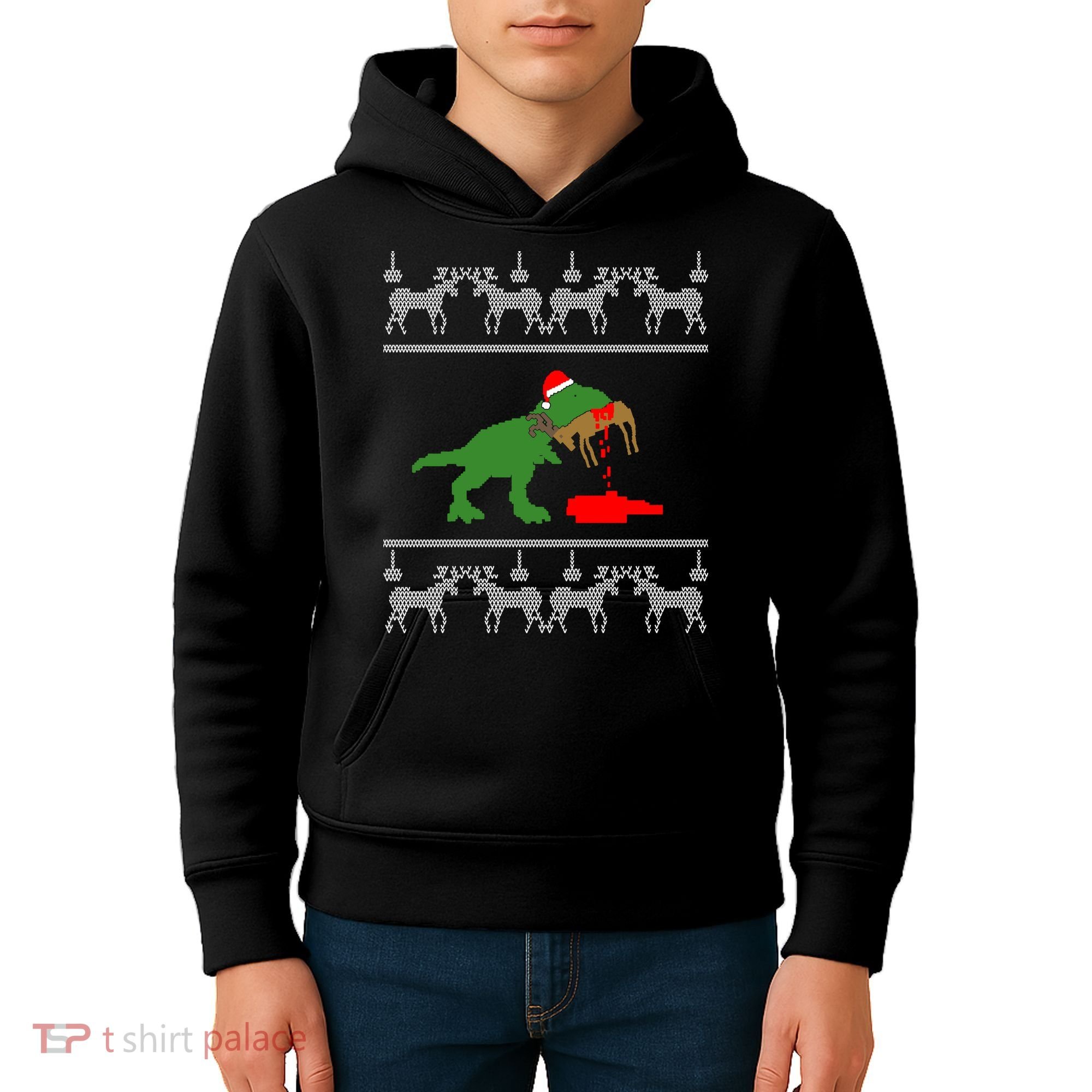 Trex Eating Deer Hunter Ugly Christmas Kids Hoodie