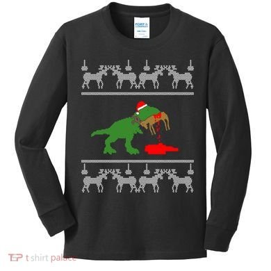 Trex Eating Deer Hunter Ugly Christmas Kids Long Sleeve Shirt