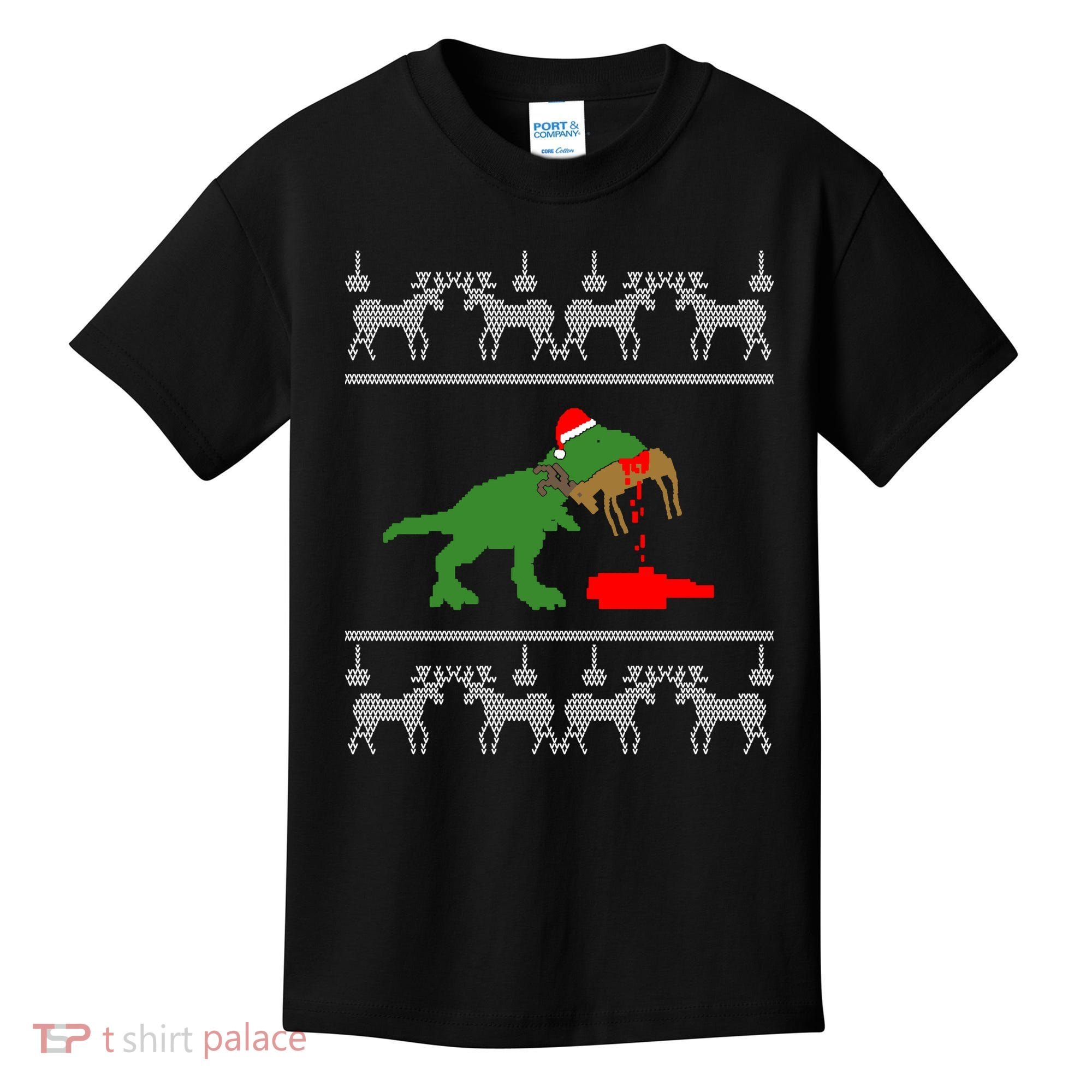 Trex Eating Deer Hunter Ugly Christmas Kids T-Shirt