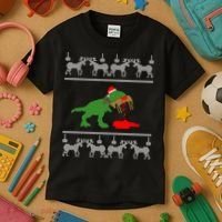 Trex Eating Deer Hunter Ugly Christmas Kids T-Shirt thumb 3